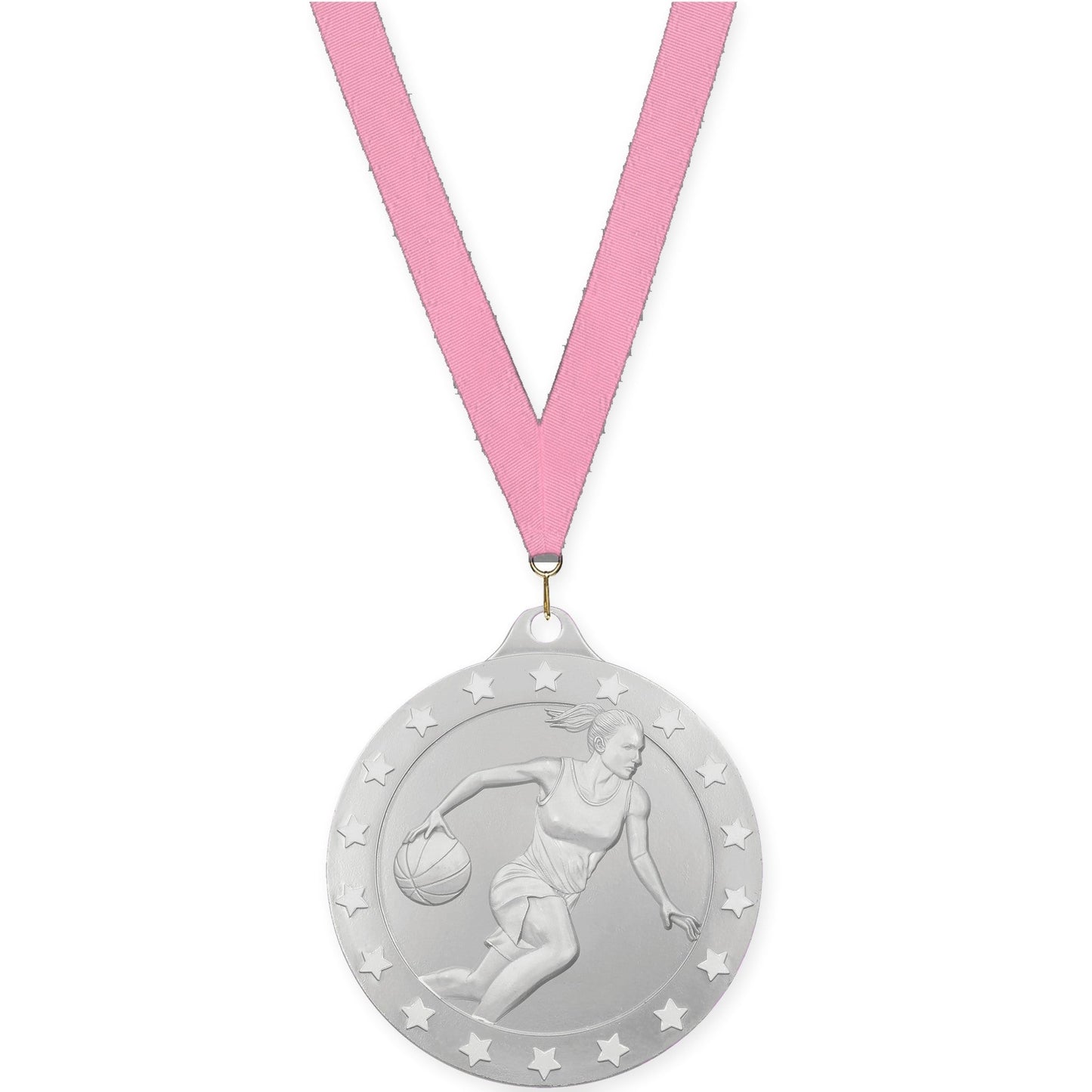 2 inch female basketball Radiance medal in silver with Pink neck ribbon