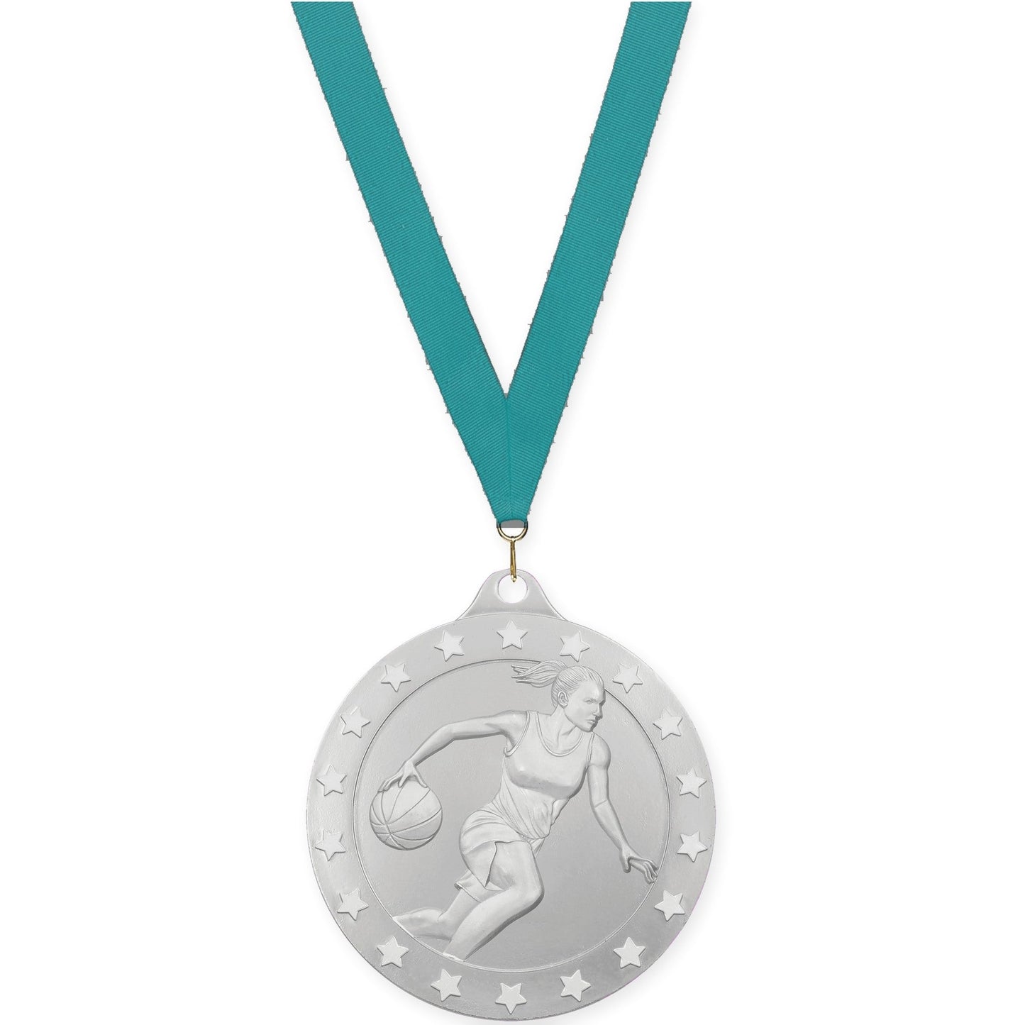 2 inch female basketball Radiance medal in silver with Teal neck ribbon