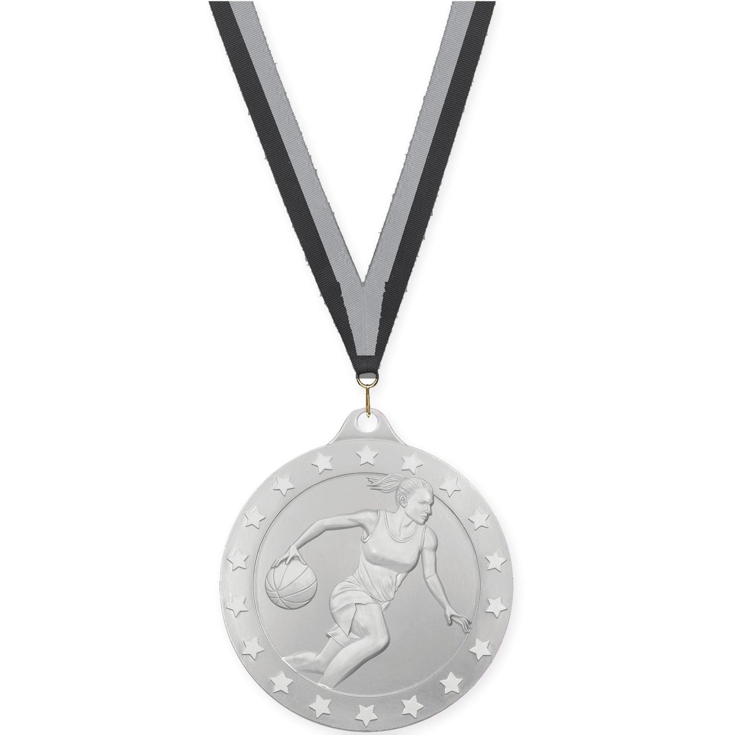 2 inch female basketball Radiance medal in silver with Black Gray neck ribbon