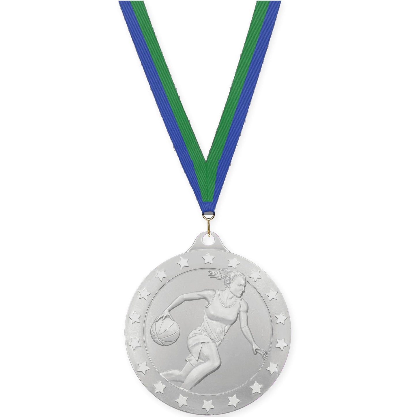 2 inch female basketball Radiance medal in silver with Blue Green neck ribbon