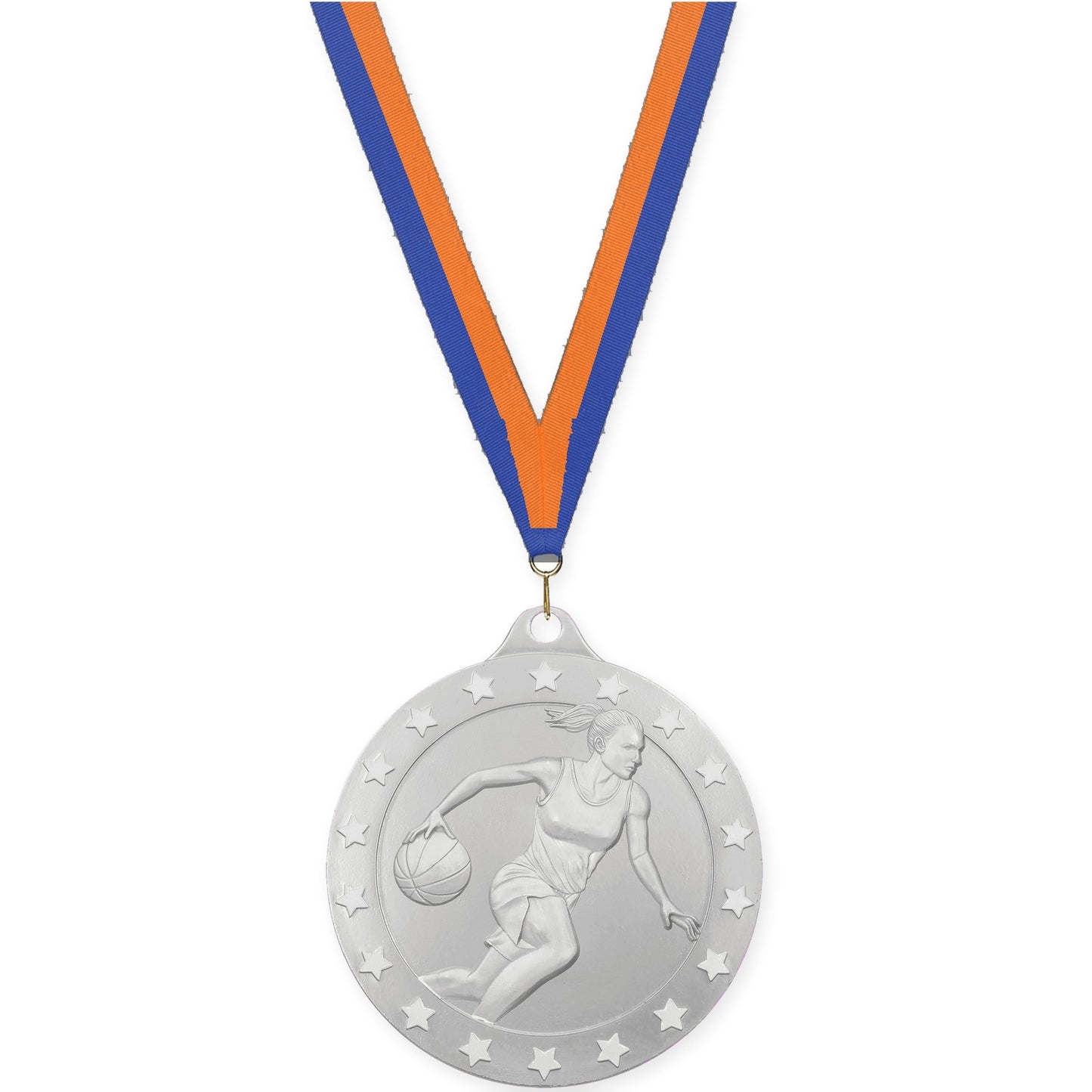 2 inch female basketball Radiance medal in silver with Blue Orange neck ribbon