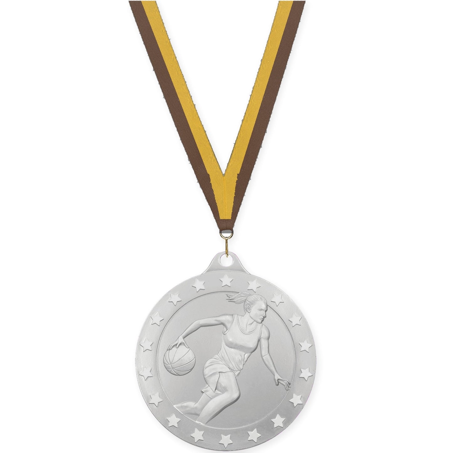 2 inch female basketball Radiance medal in silver with Brown Gold neck ribbon