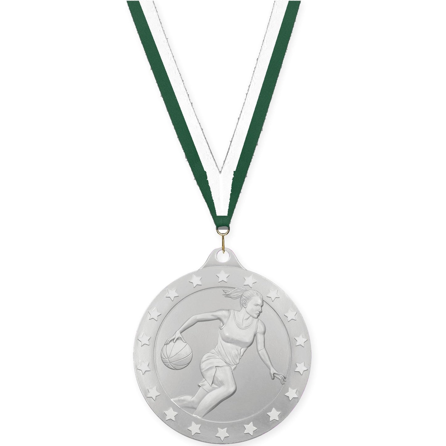 2 inch female basketball Radiance medal in silver with Hunter Green White neck ribbon
