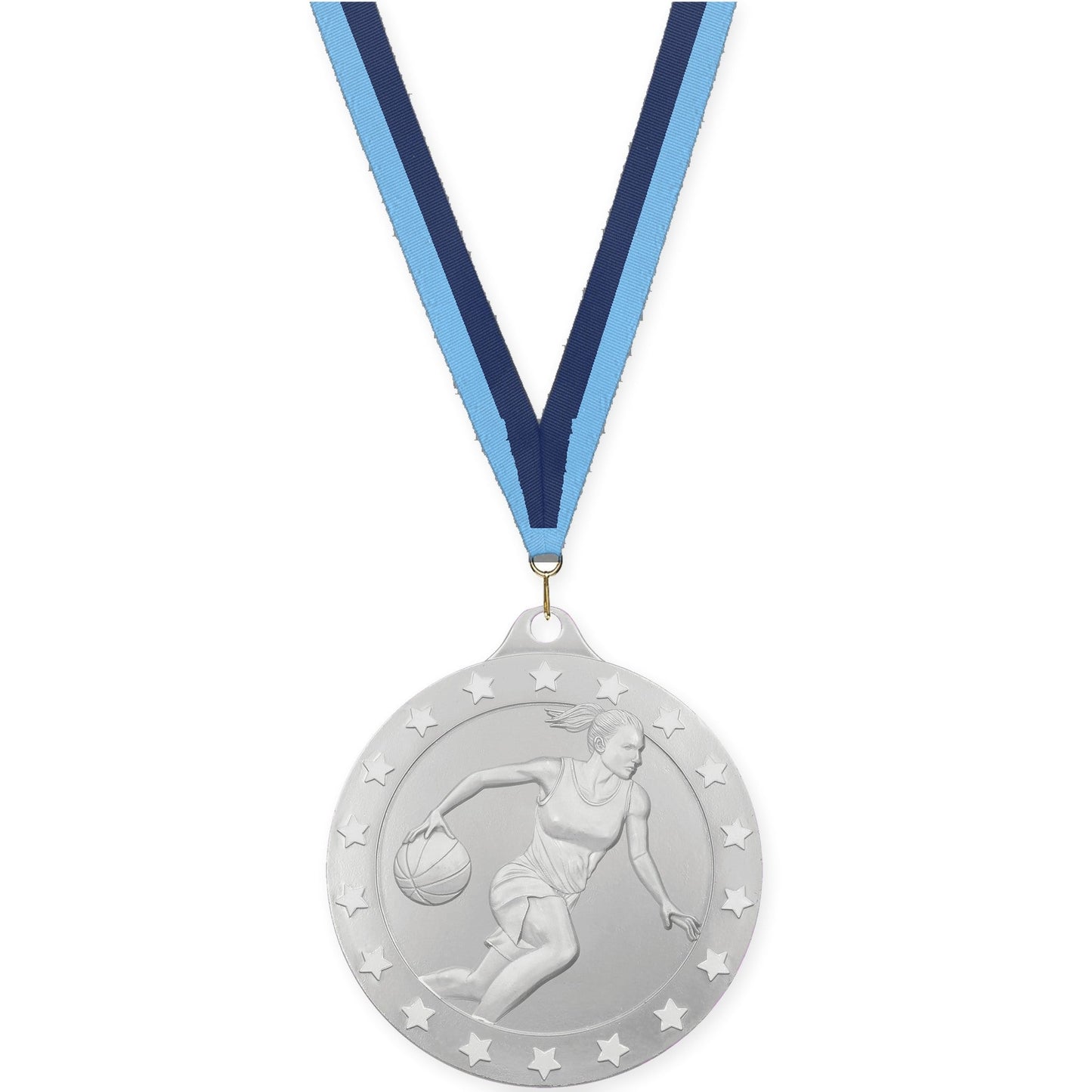 2 inch female basketball Radiance medal in silver with Light Blue Navy neck ribbon