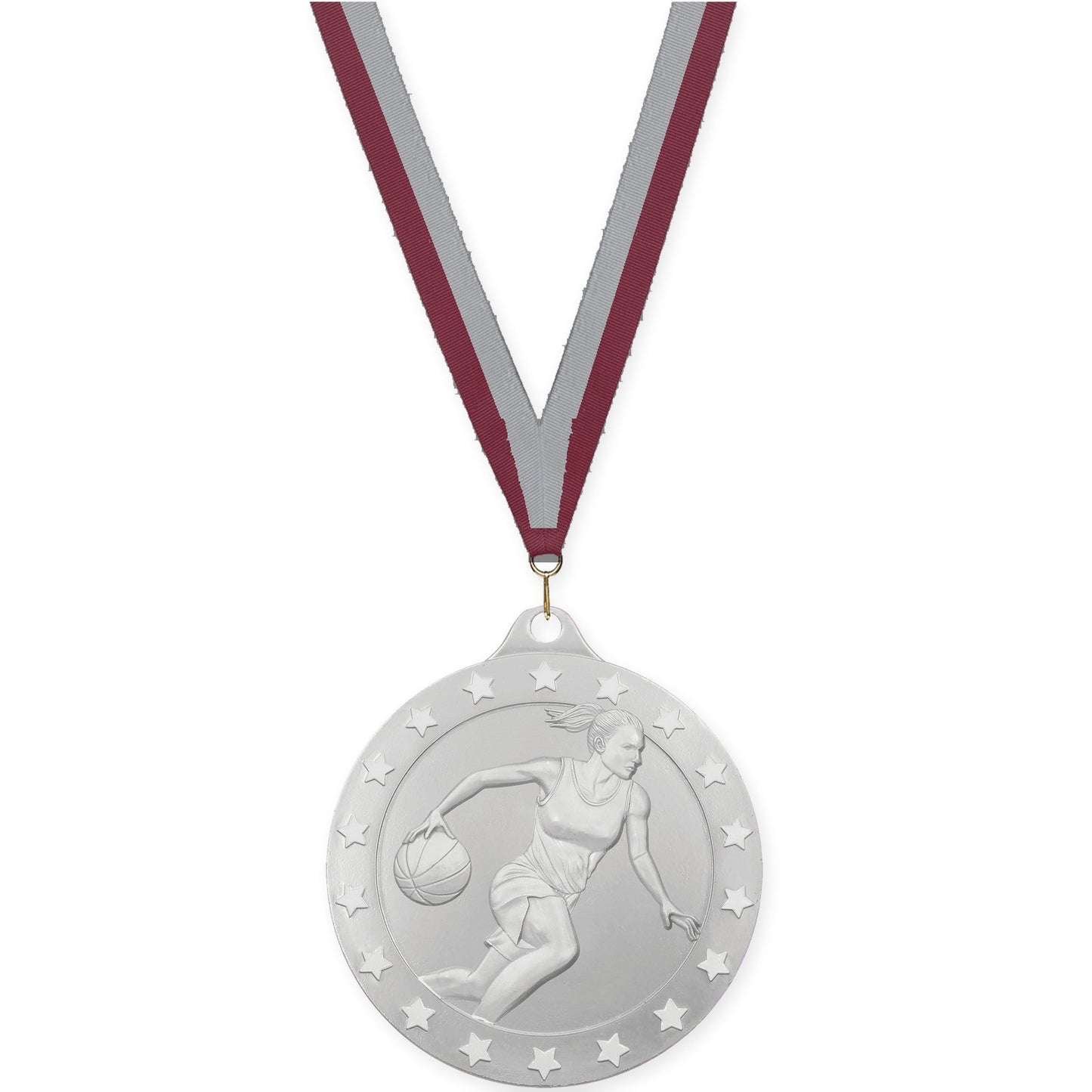 2 inch female basketball Radiance medal in silver with Maroon Gray neck ribbon