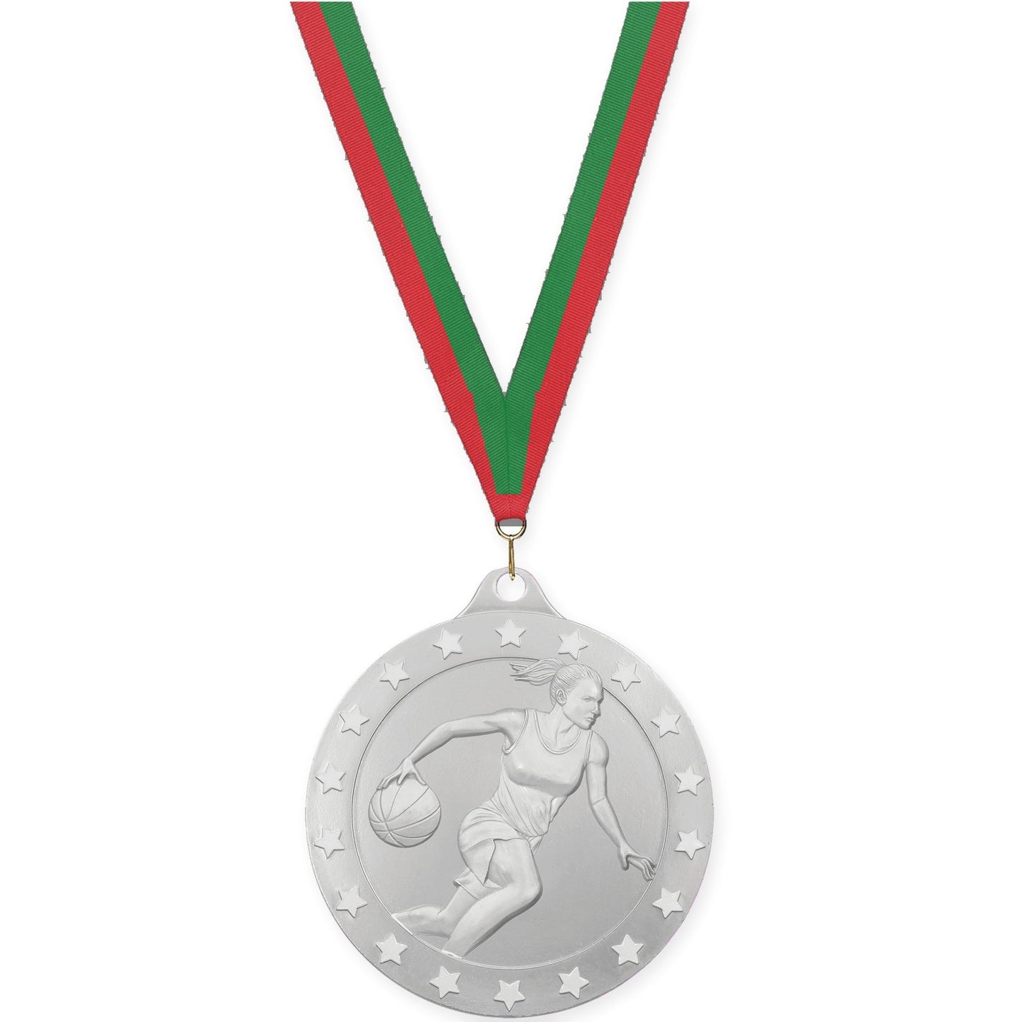 2 inch female basketball Radiance medal in silver with Red Green neck ribbon