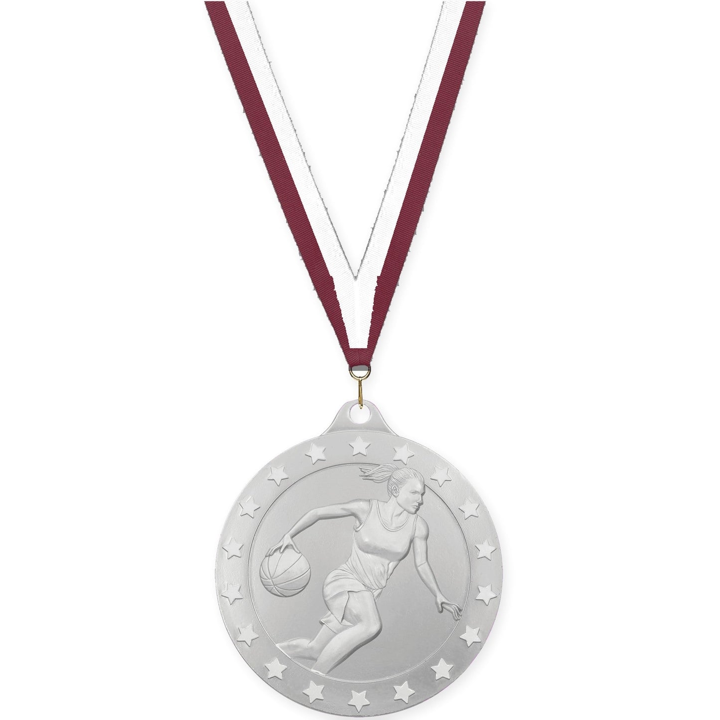 2 inch female basketball Radiance medal in silver with Maroon White neck ribbon