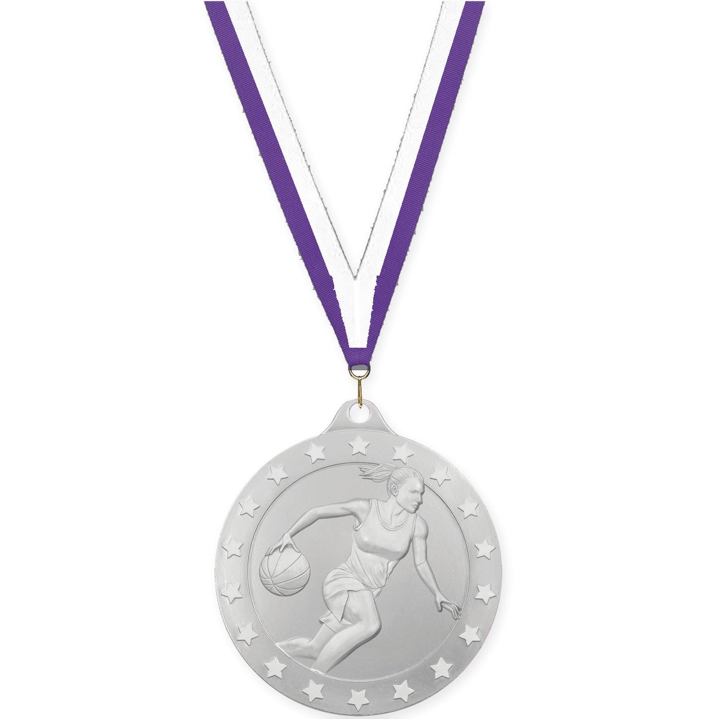 2 inch female basketball Radiance medal in silver with Purple White neck ribbon