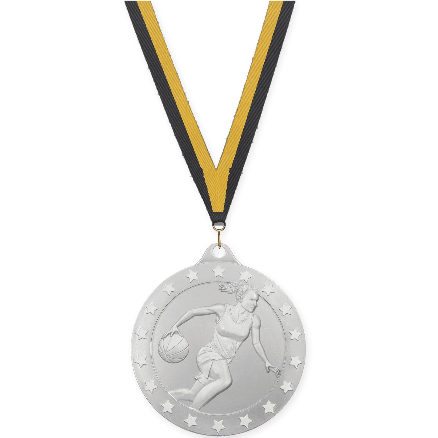 2 inch female basketball Radiance medal in silver with Black Gold neck ribbon