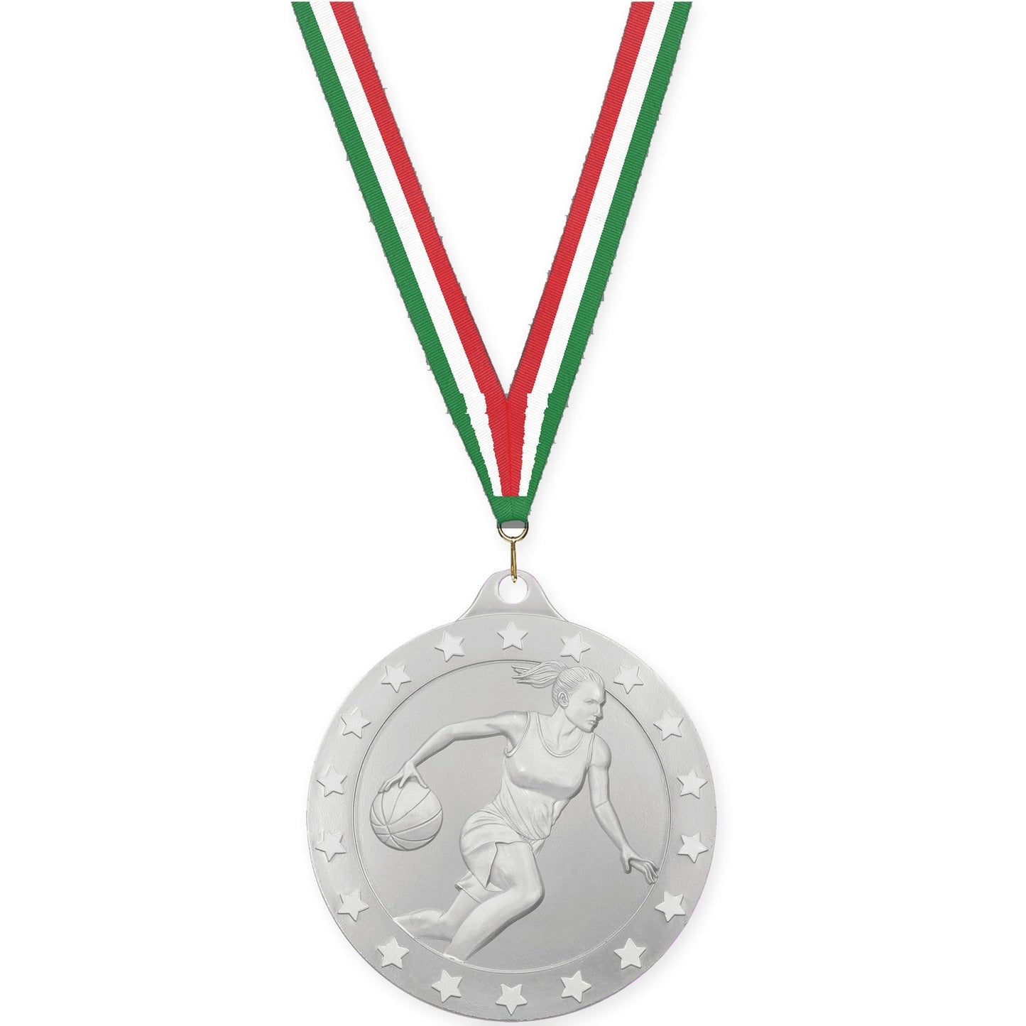 2 inch female basketball Radiance medal in silver with Green White Red neck ribbon