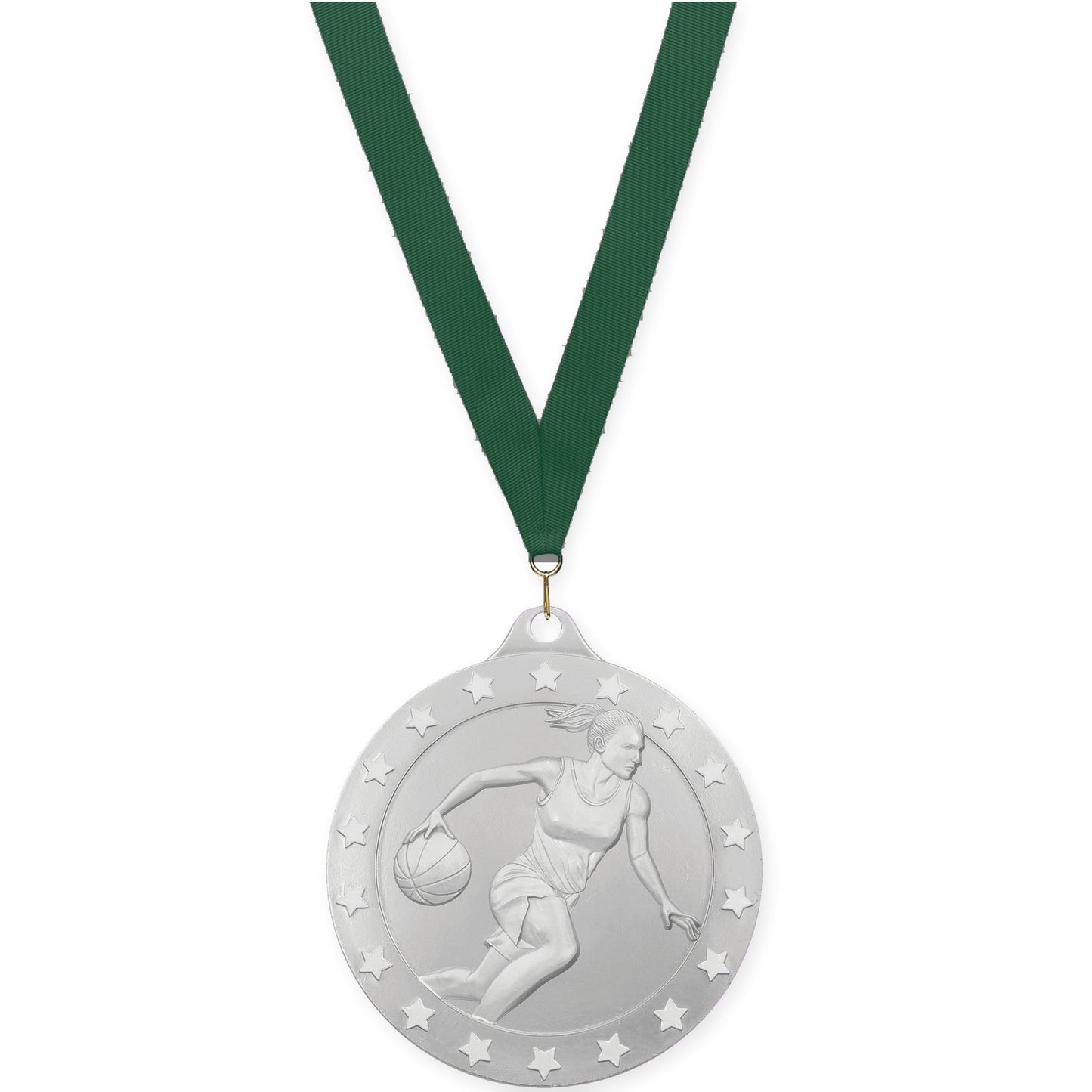 2 inch female basketball Radiance medal in silver with Hunter Green neck ribbon