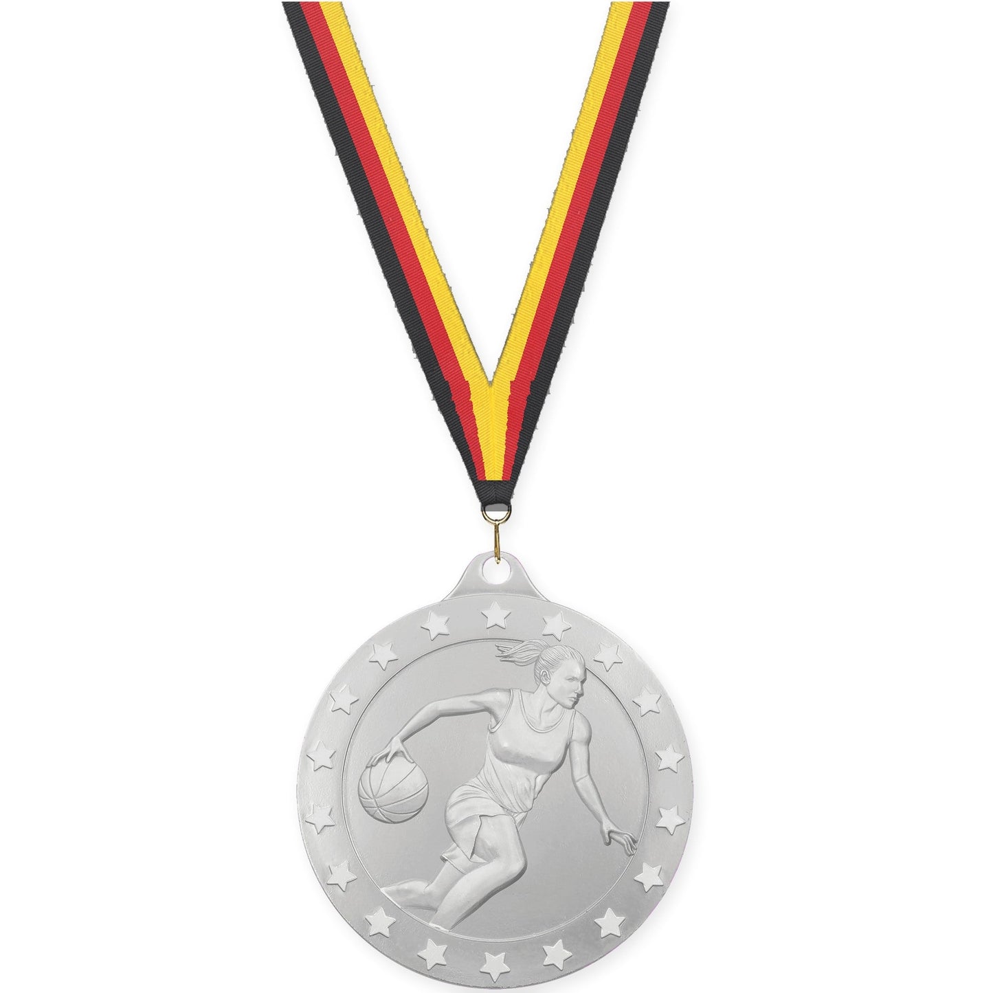 2 inch female basketball Radiance medal in silver with Black Red Yellow neck ribbon