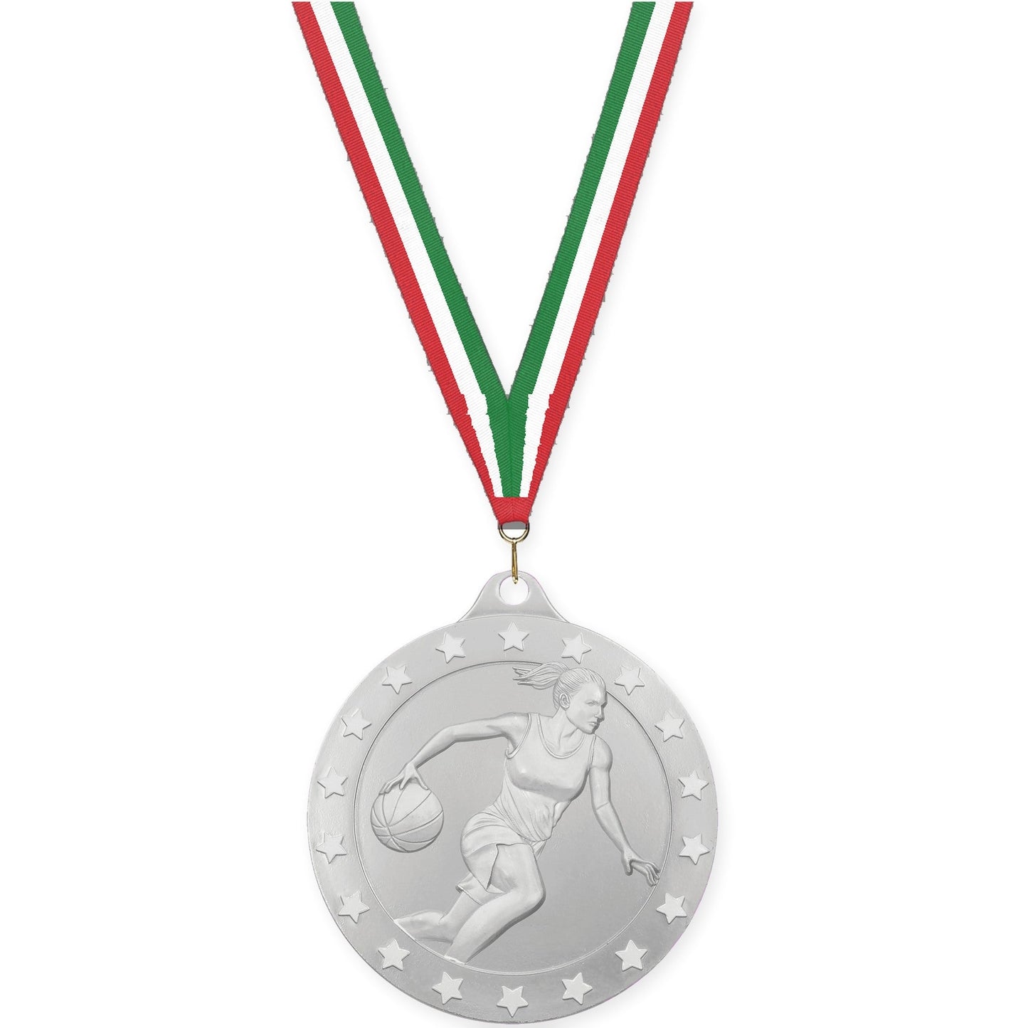 2 inch female basketball Radiance medal in silver with Red White Green neck ribbon