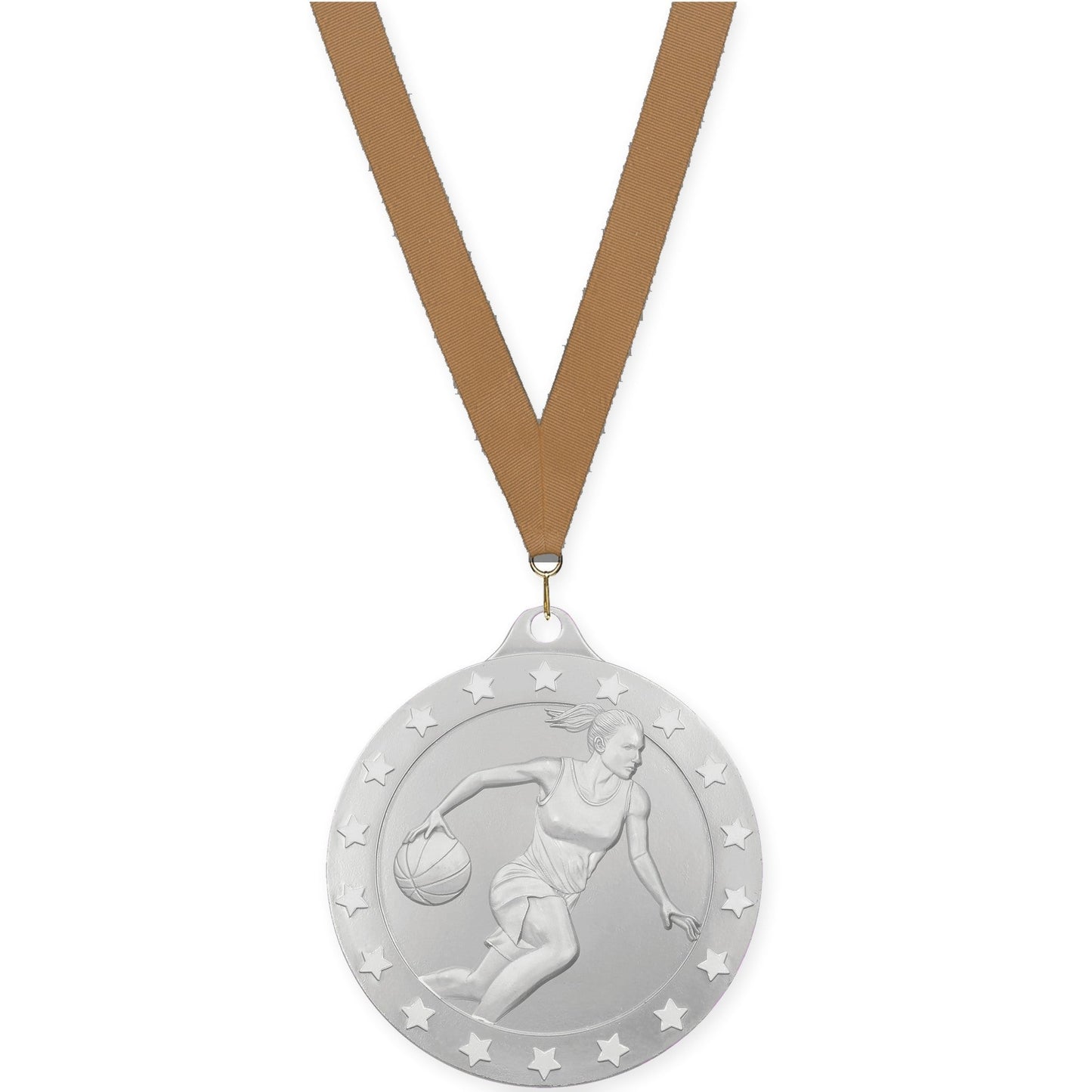 2 inch female basketball Radiance medal in silver with Bronze Metallic neck ribbon