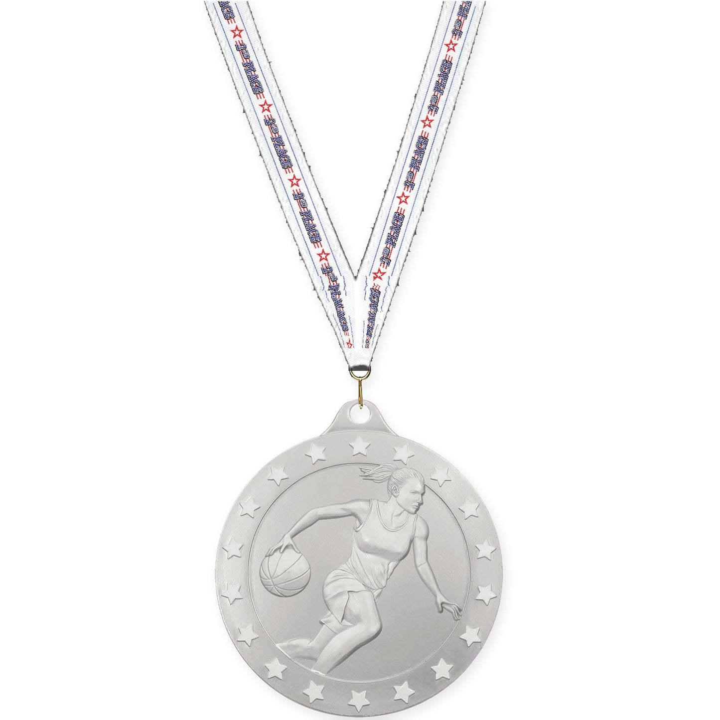 2 inch female basketball Radiance medal in silver with 2nd Place neck ribbon
