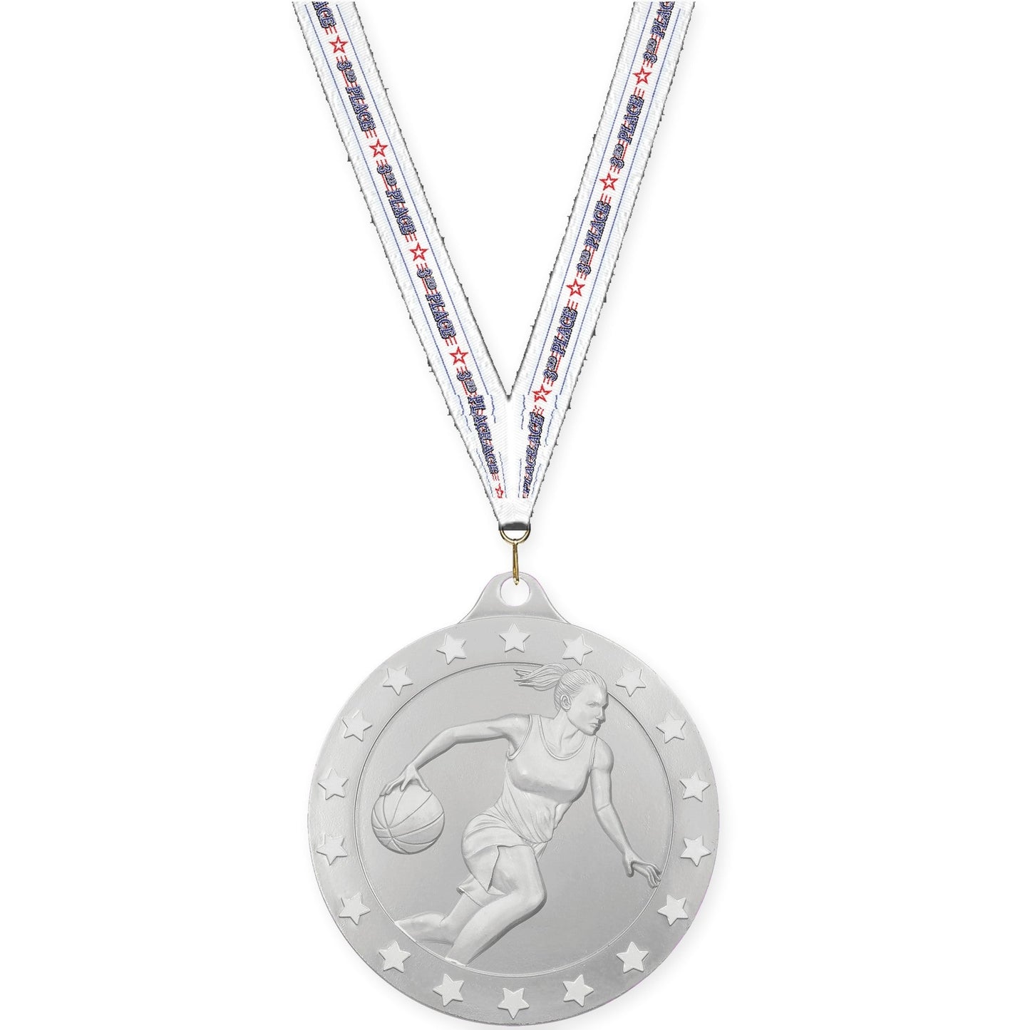 2 inch female basketball Radiance medal in silver with 3rd Place neck ribbon