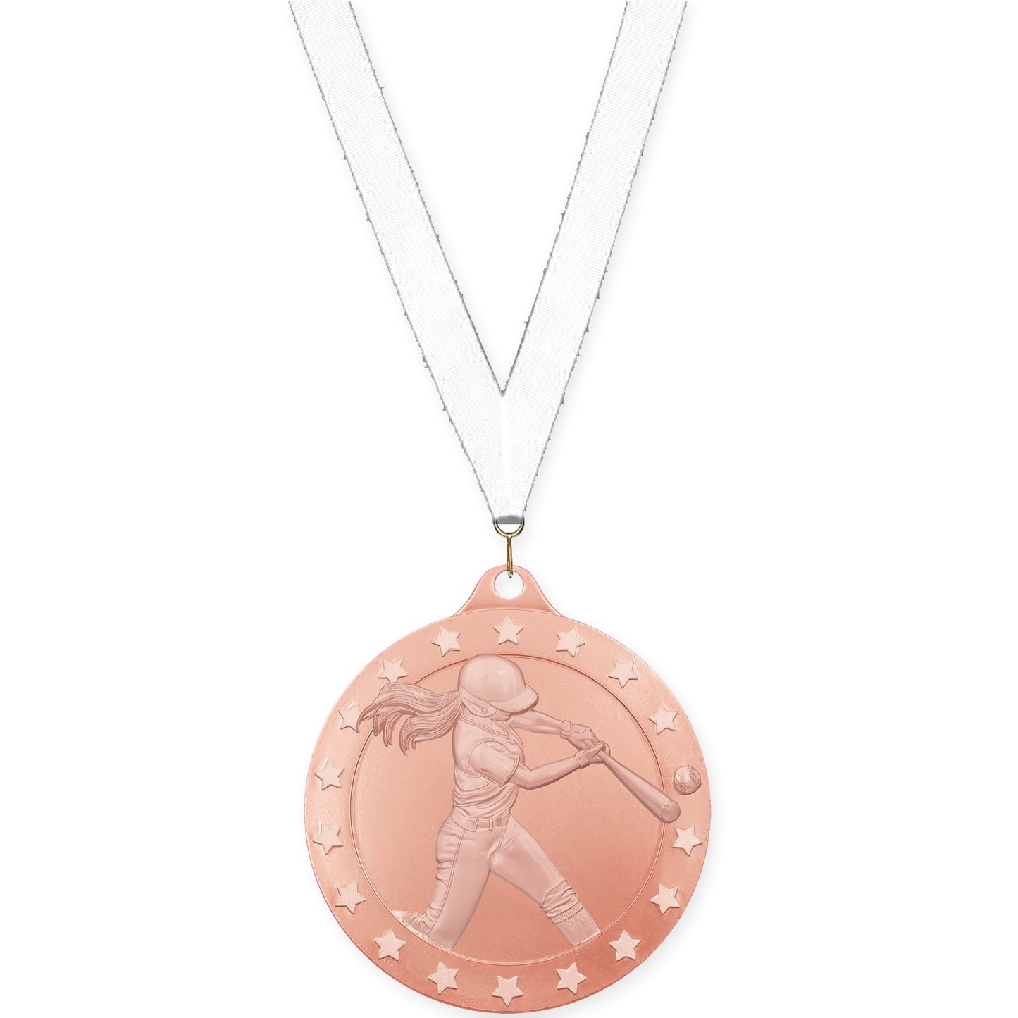 2 inch softball Radiance medal in bronze with White neck ribbon