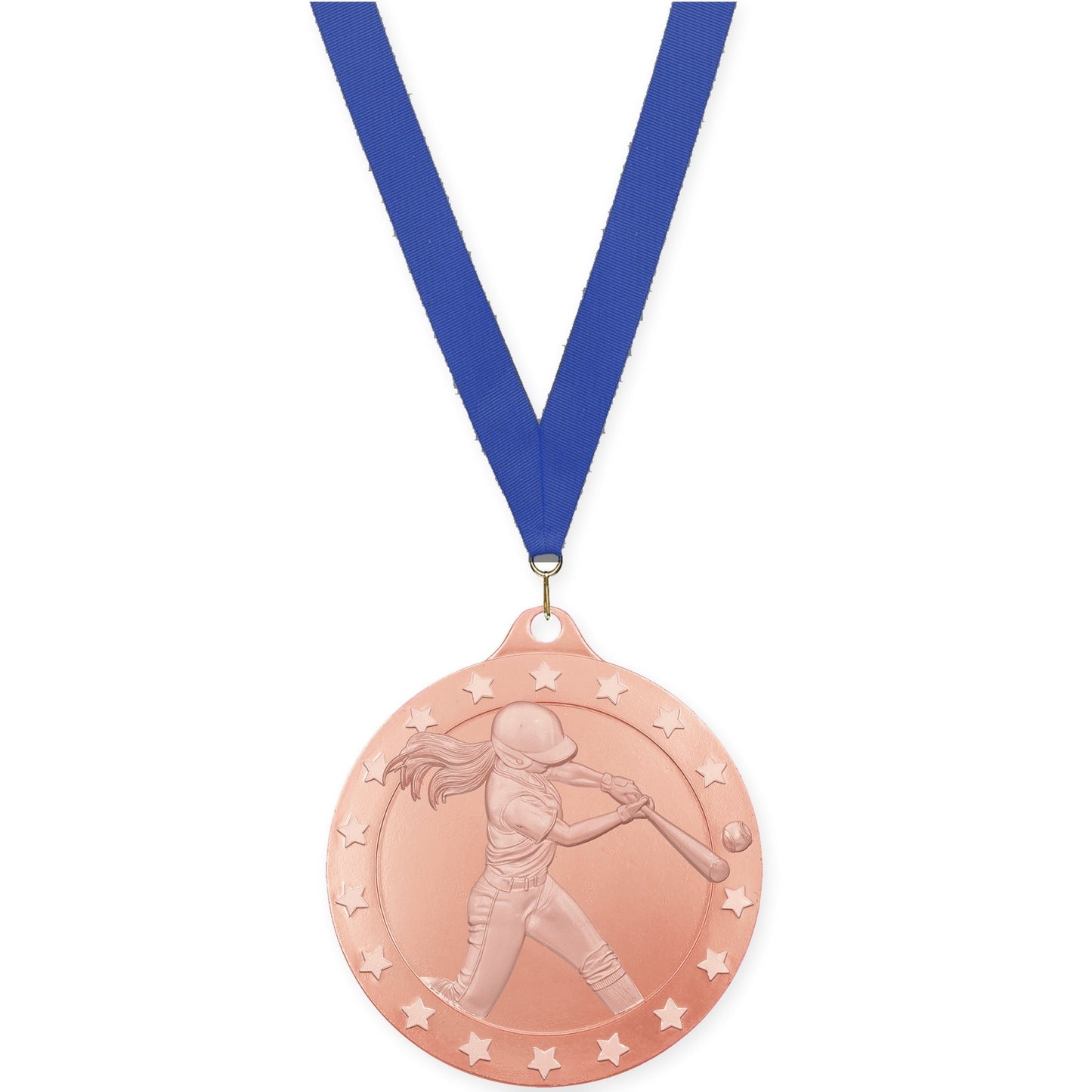 2 inch softball Radiance medal in bronze with Blue neck ribbon