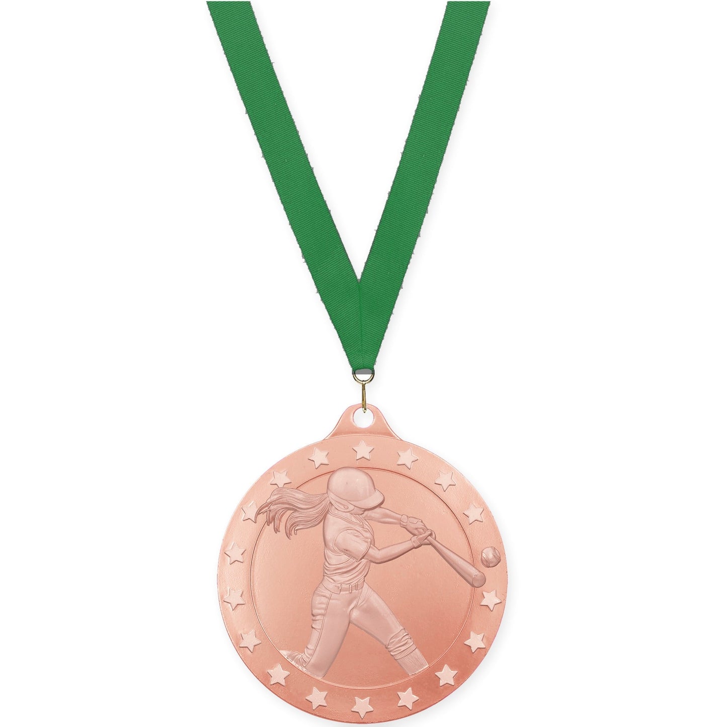 2 inch softball Radiance medal in bronze with Green neck ribbon