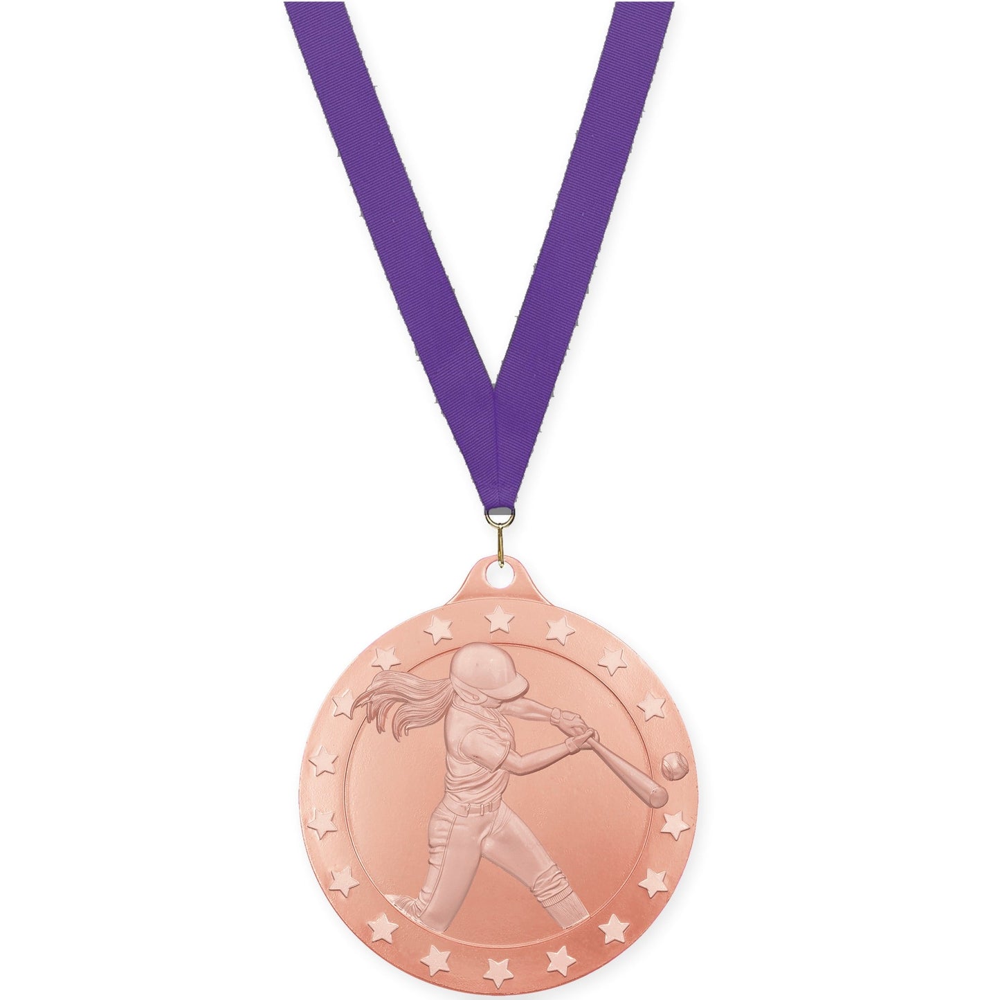2 inch softball Radiance medal in bronze with Purple neck ribbon