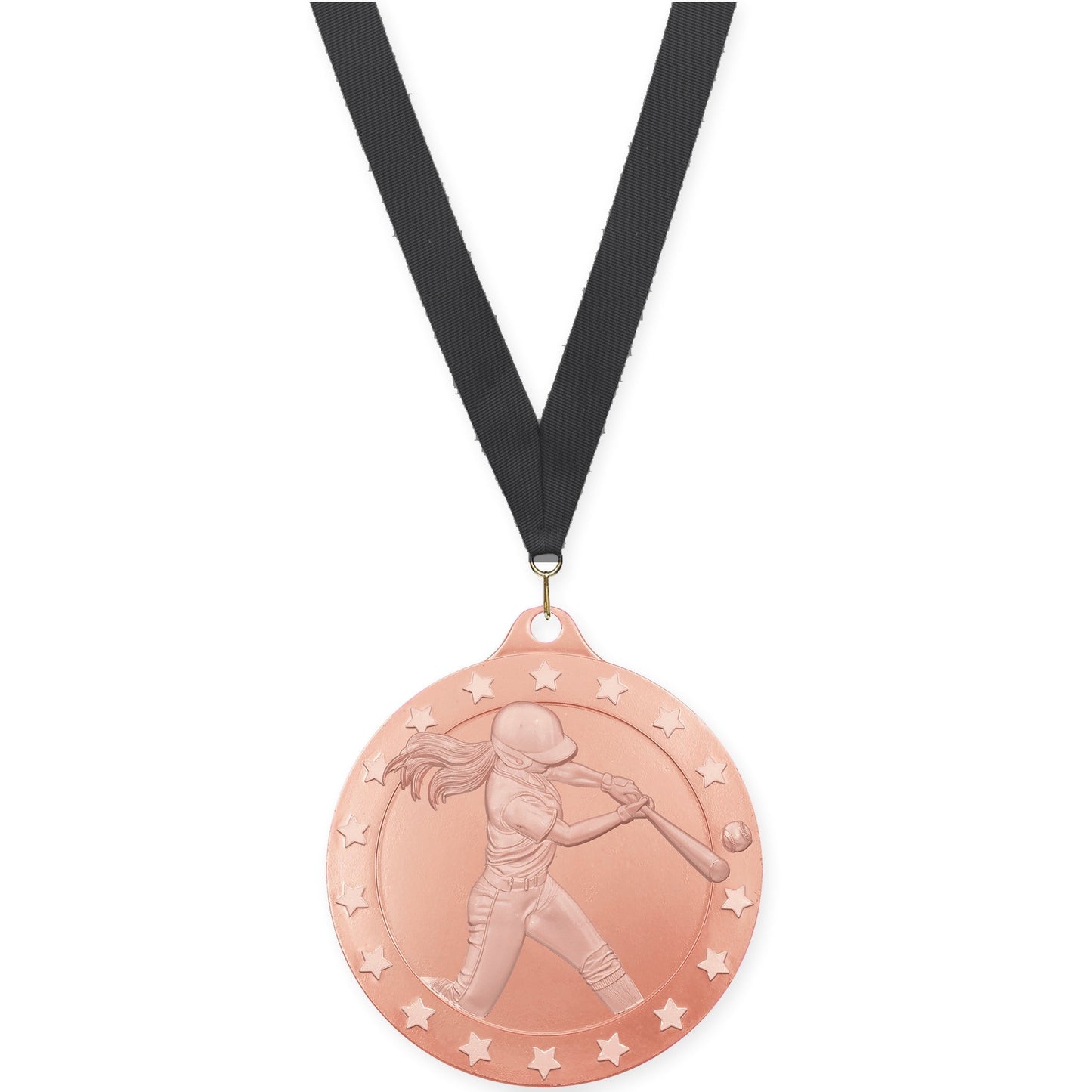 2 inch softball Radiance medal in bronze with Black neck ribbon