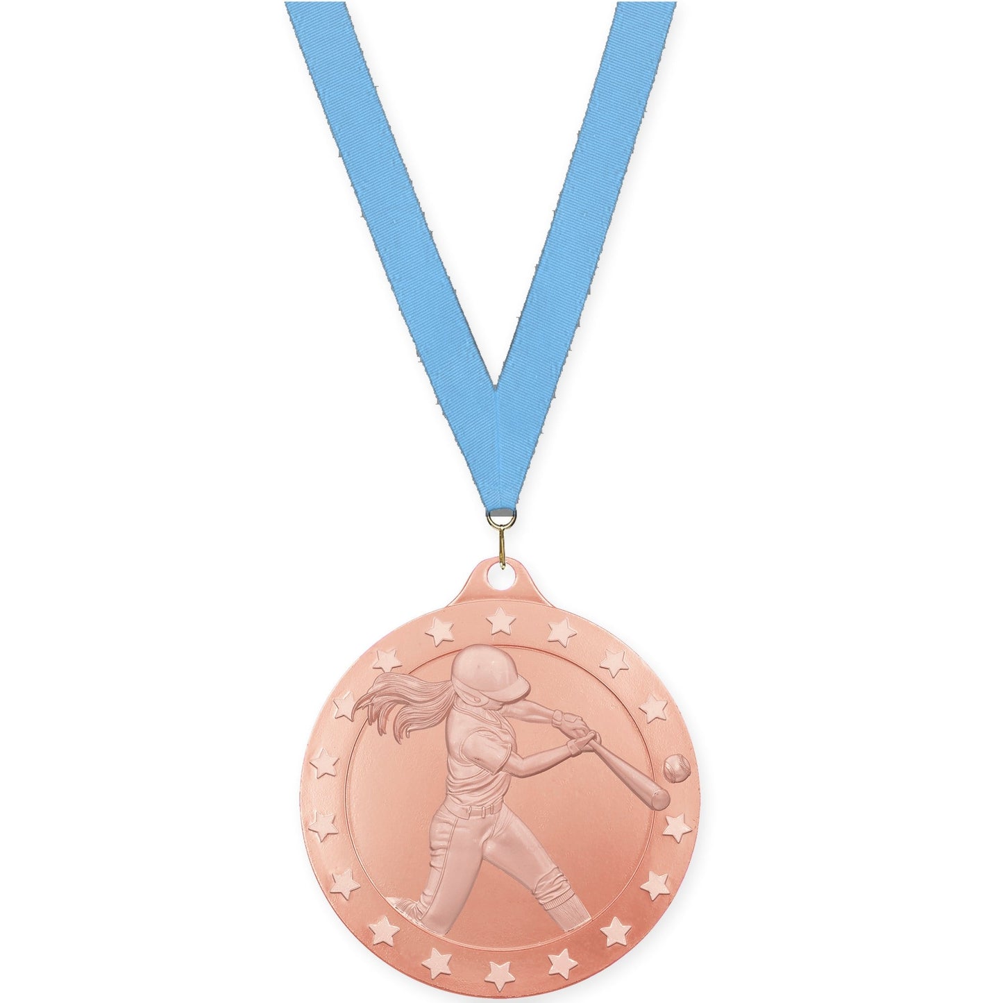 2 inch softball Radiance medal in bronze with Light Blue neck ribbon