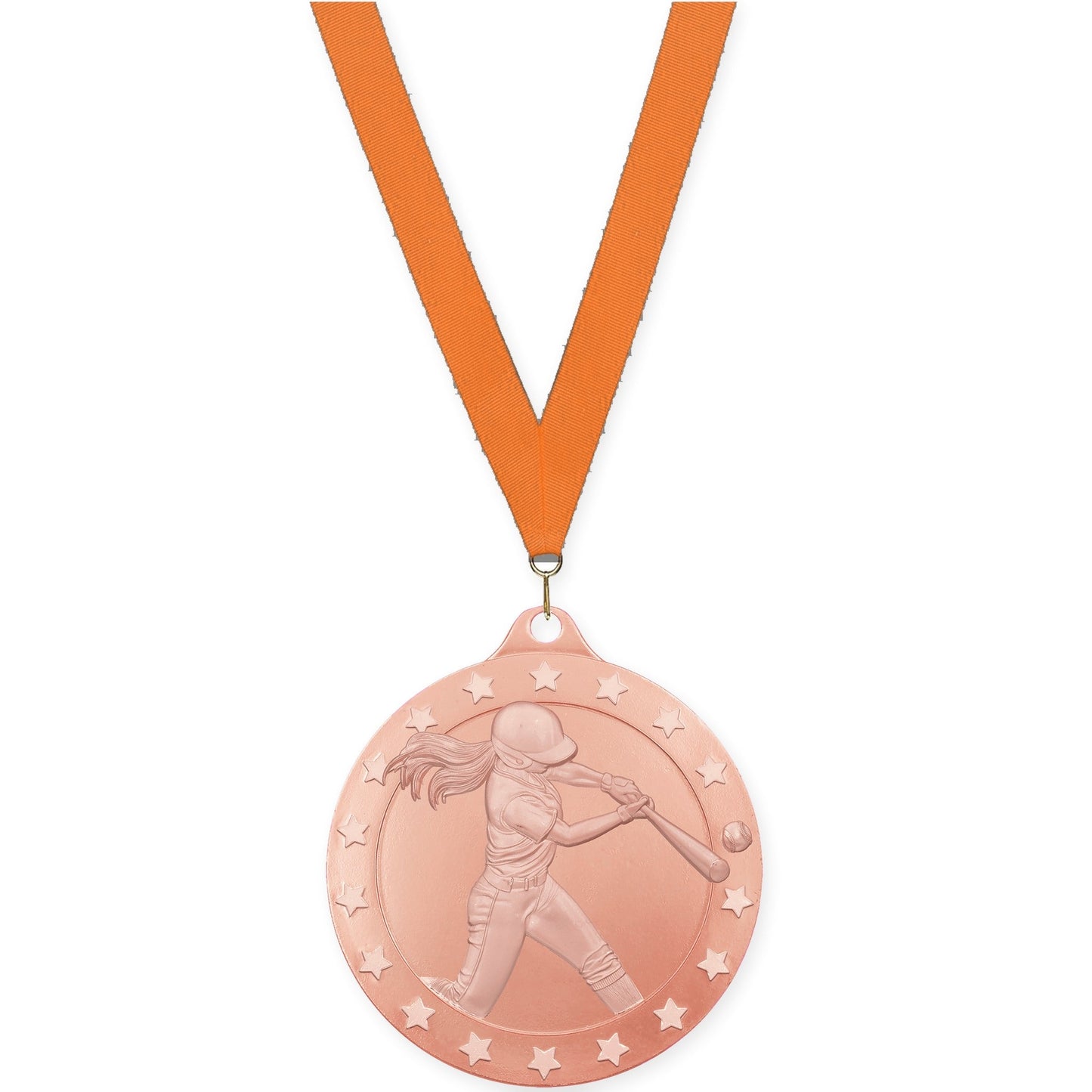 2 inch softball Radiance medal in bronze with Orange neck ribbon