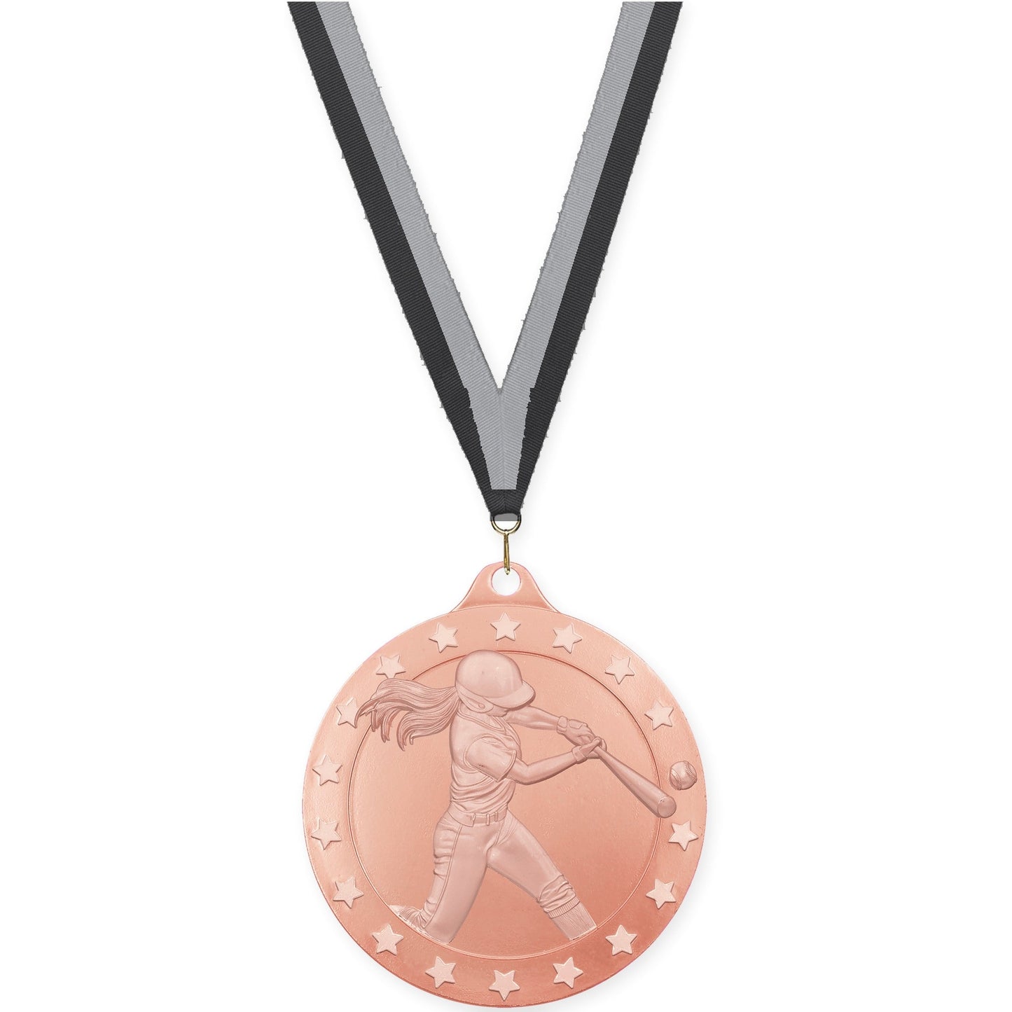 2 inch softball Radiance medal in bronze with Black Gray neck ribbon
