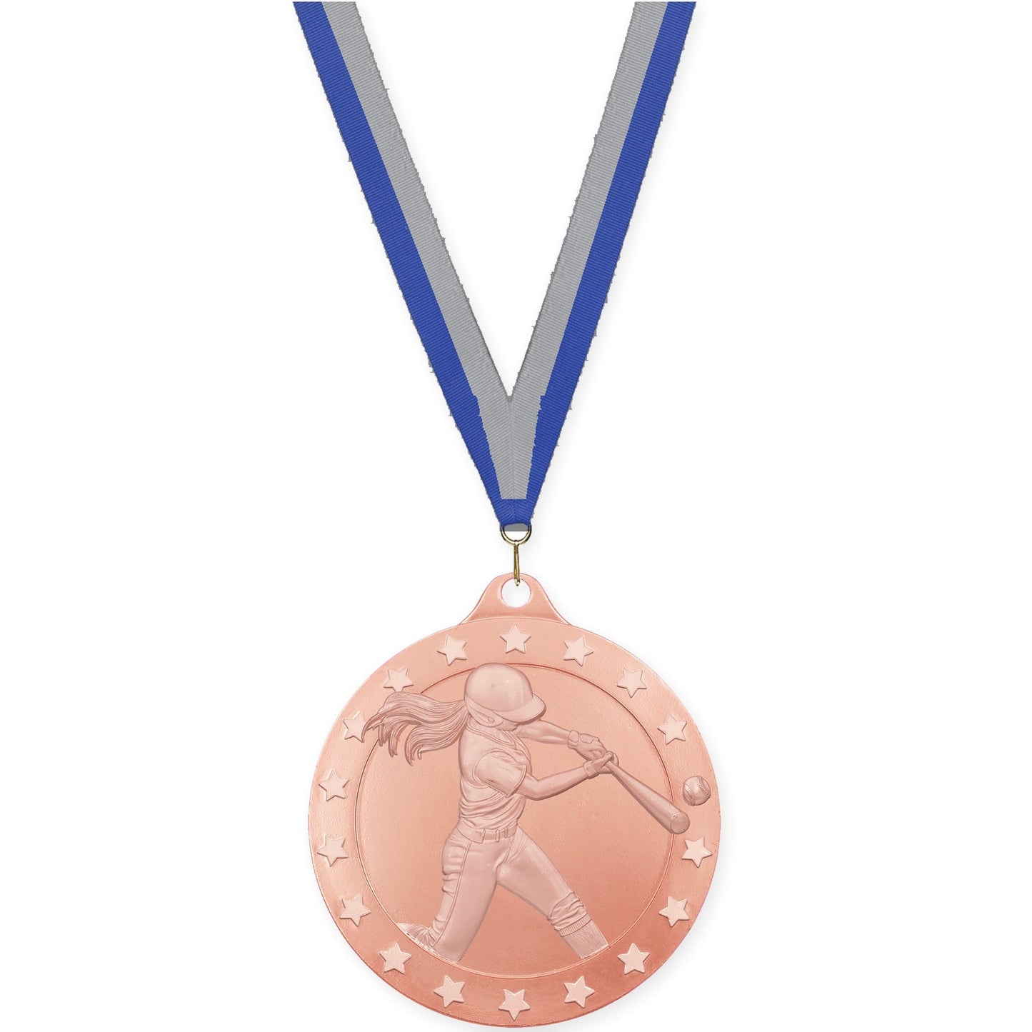 2 inch softball Radiance medal in bronze with Blue Gray neck ribbon
