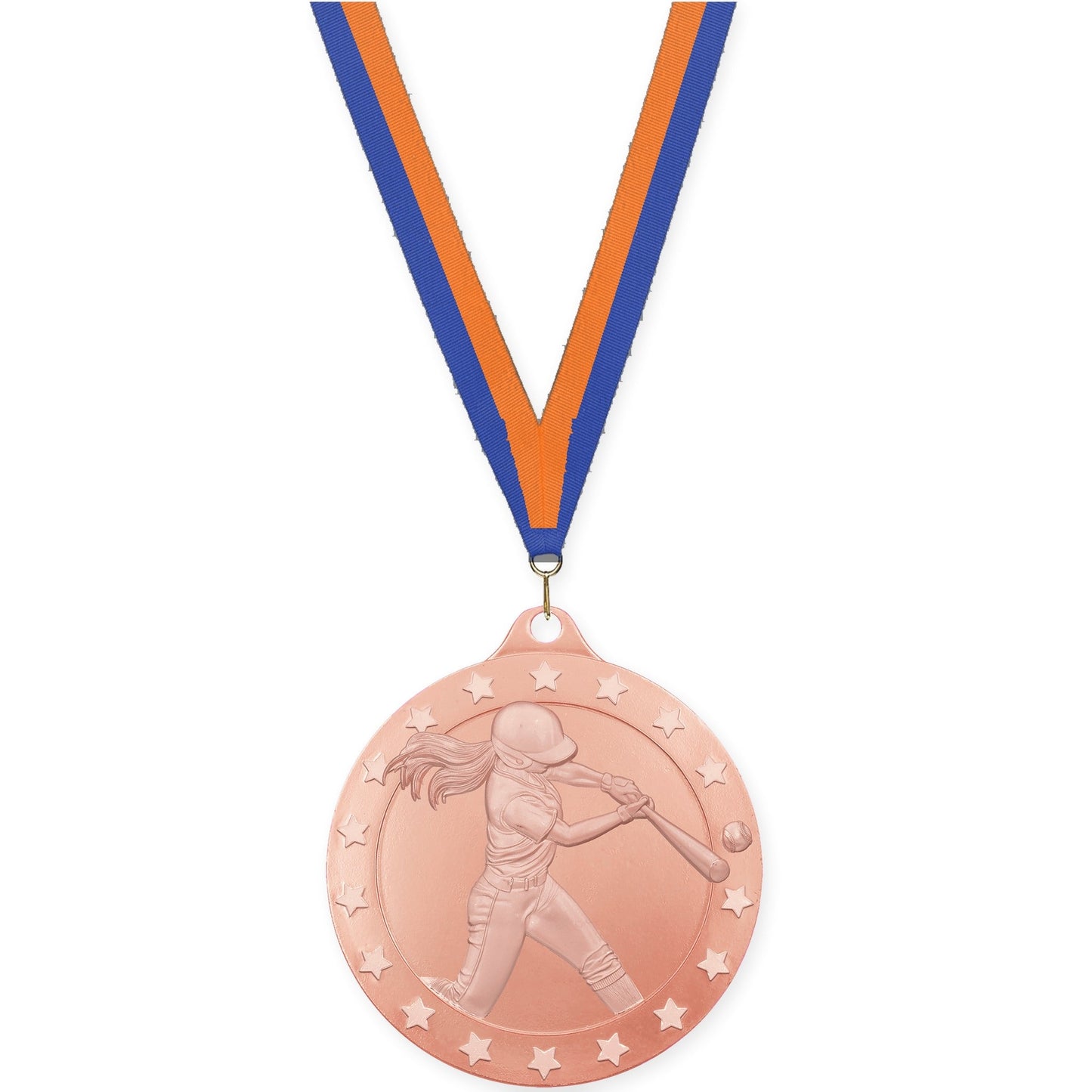 2 inch softball Radiance medal in bronze with Blue Orange neck ribbon