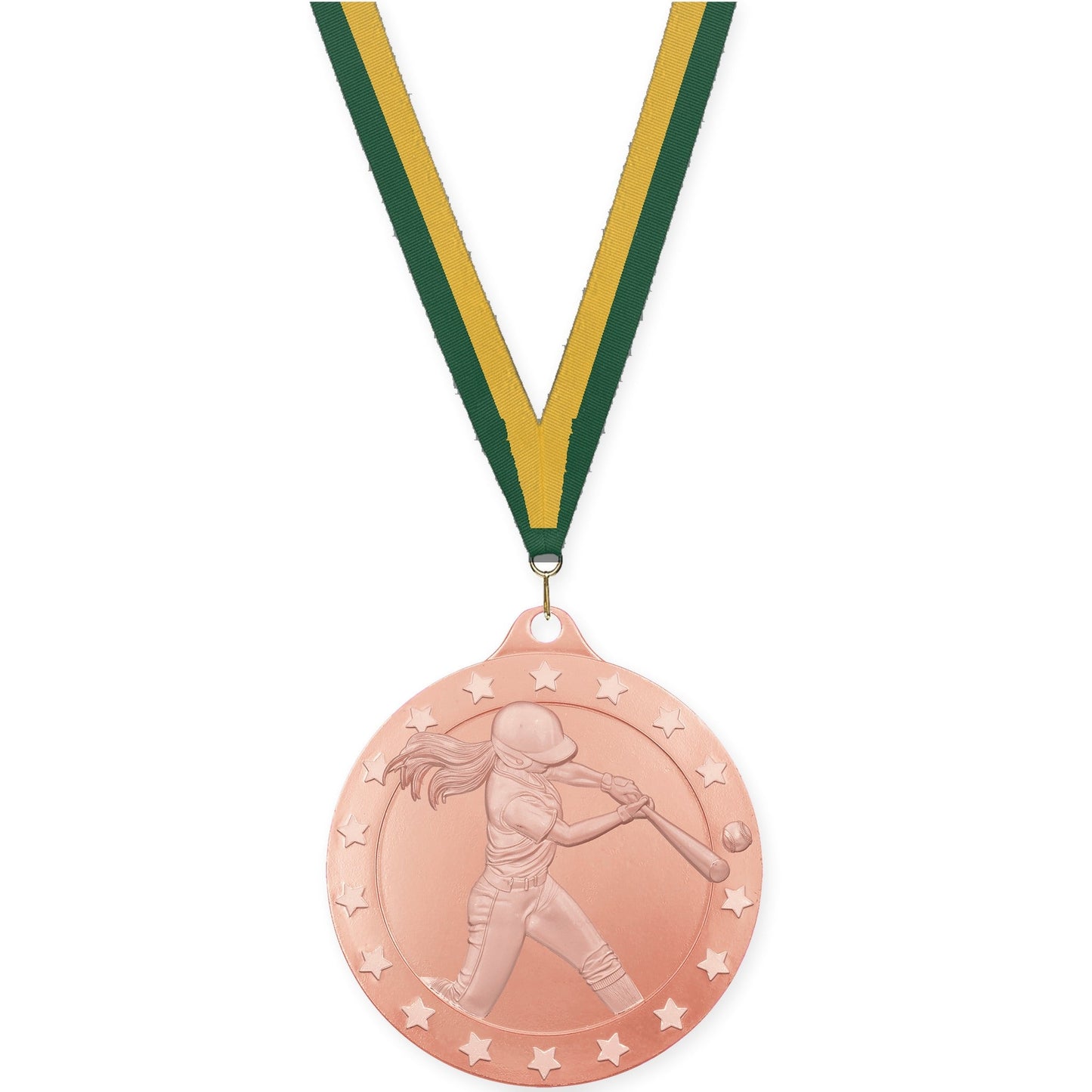 2 inch softball Radiance medal in bronze with Hunter Green Gold neck ribbon