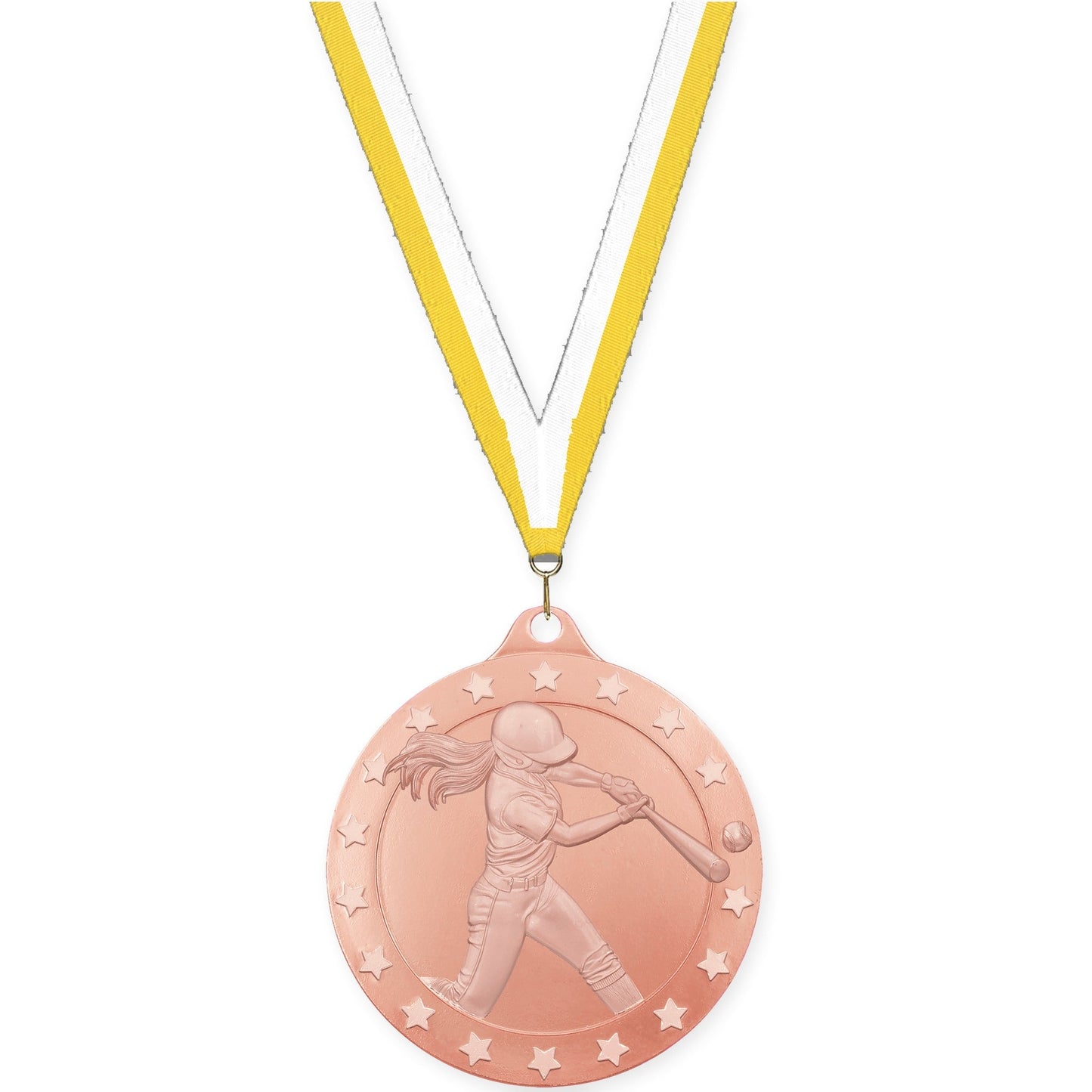 2 inch softball Radiance medal in bronze with Yellow White neck ribbon
