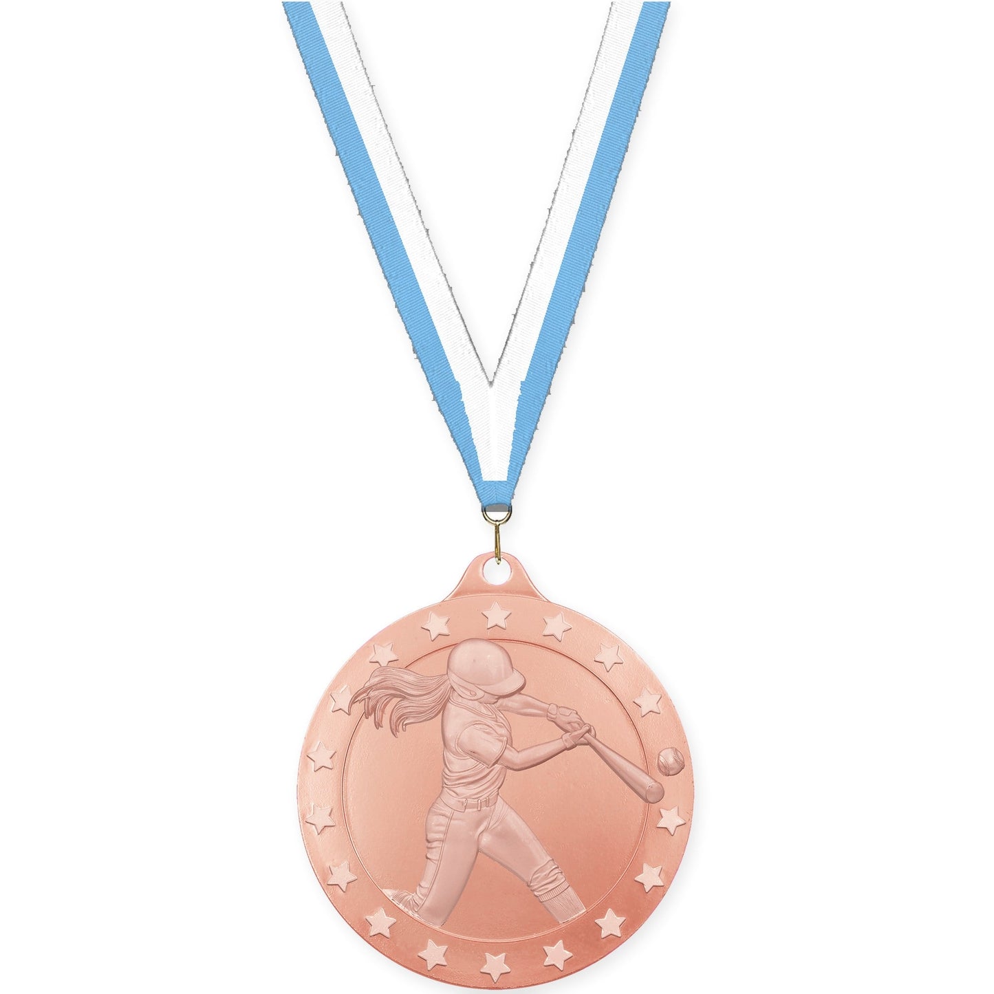 2 inch softball Radiance medal in bronze with Light Blue White neck ribbon