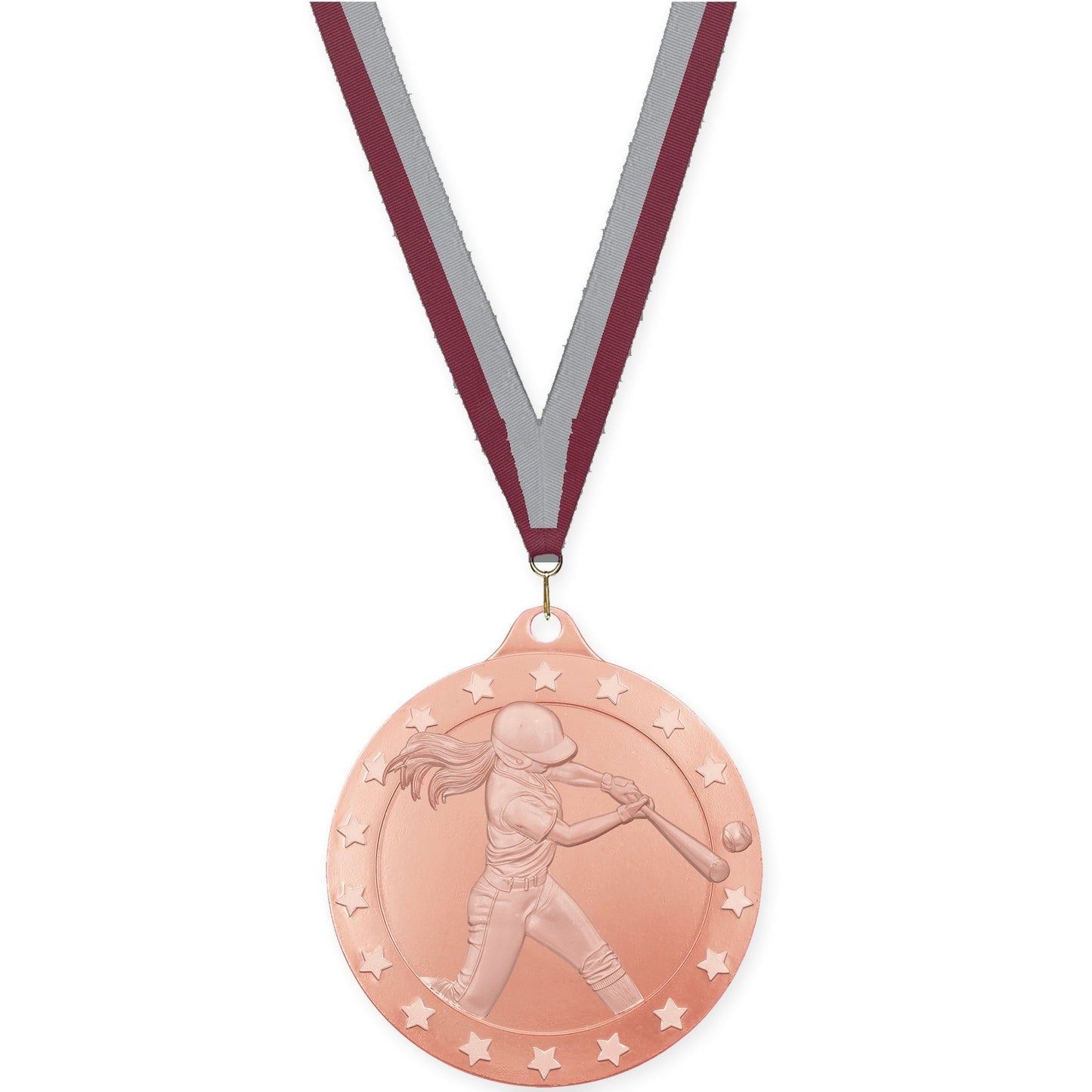 2 inch softball Radiance medal in bronze with Maroon Gray neck ribbon