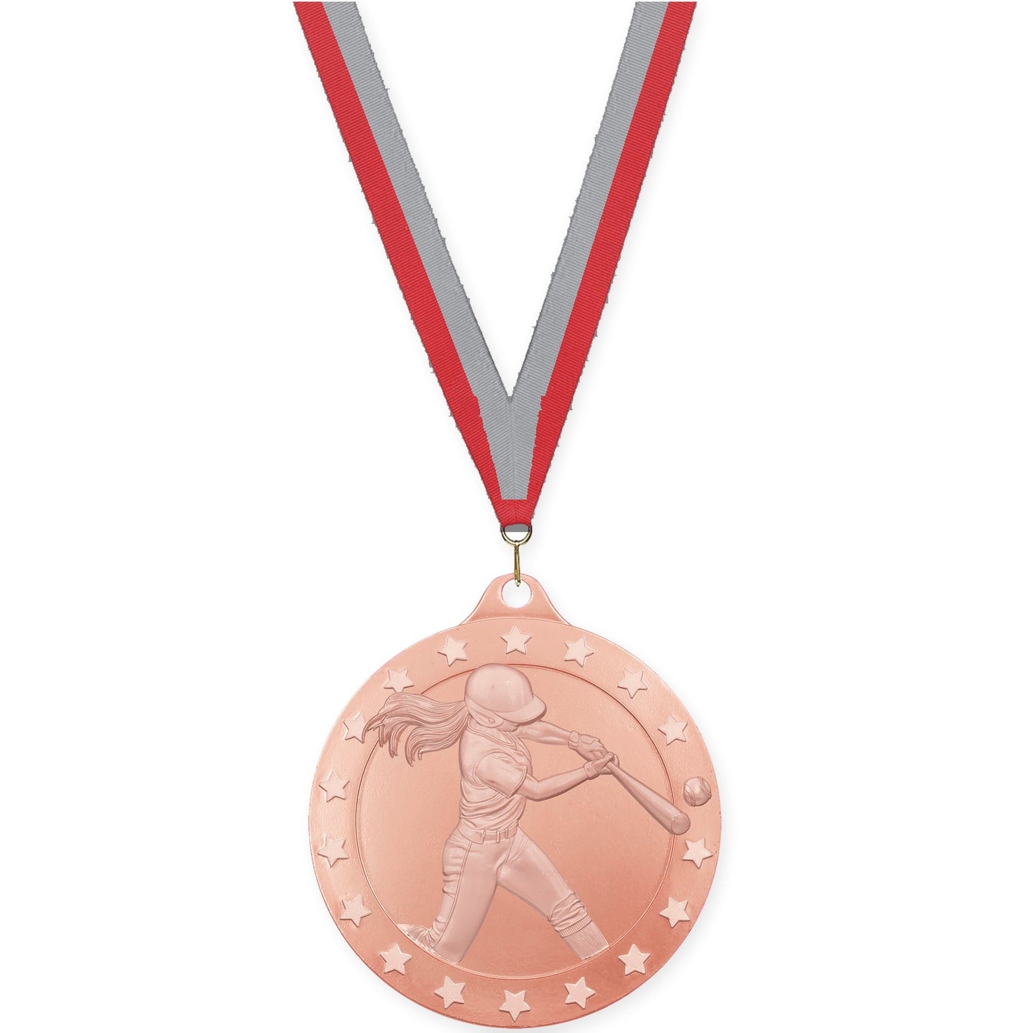 2 inch softball Radiance medal in bronze with Red Gray neck ribbon