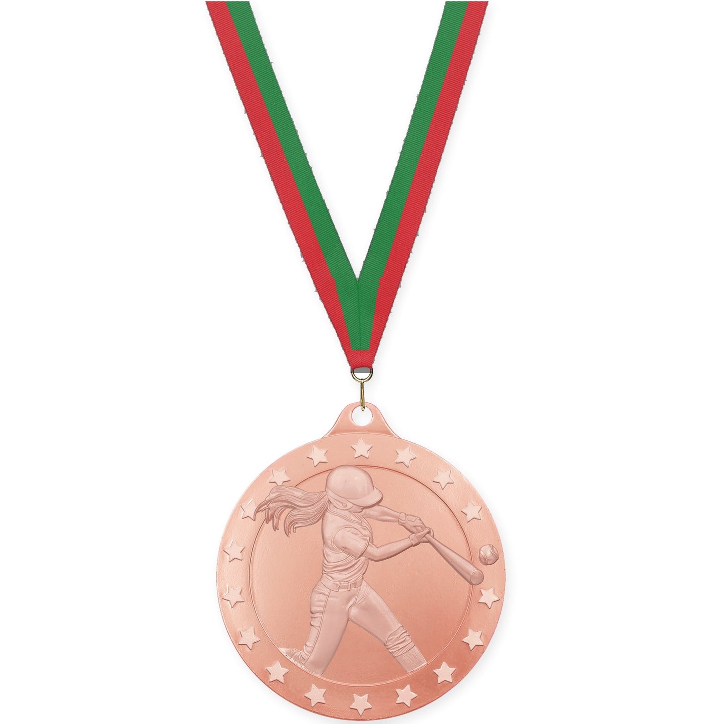 2 inch softball Radiance medal in bronze with Red Green neck ribbon