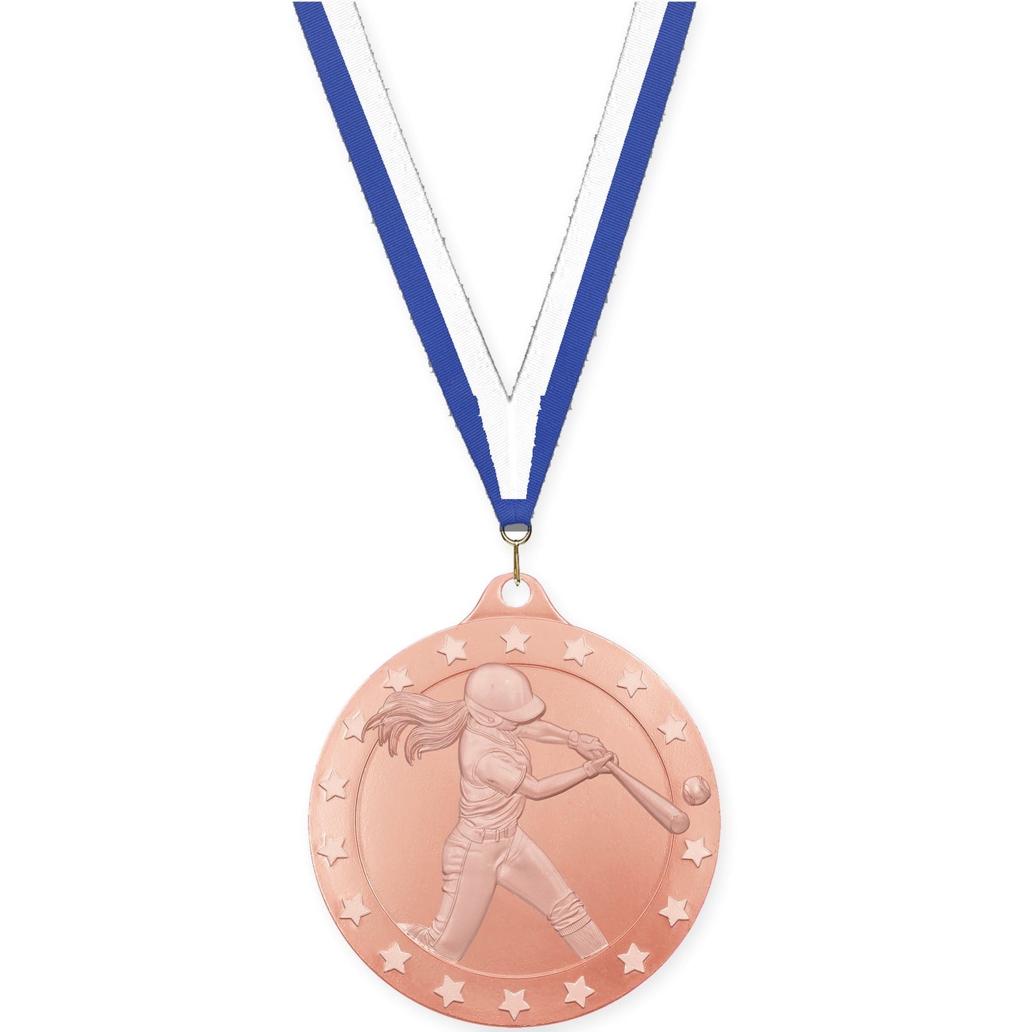 2 inch softball Radiance medal in bronze with Blue White neck ribbon
