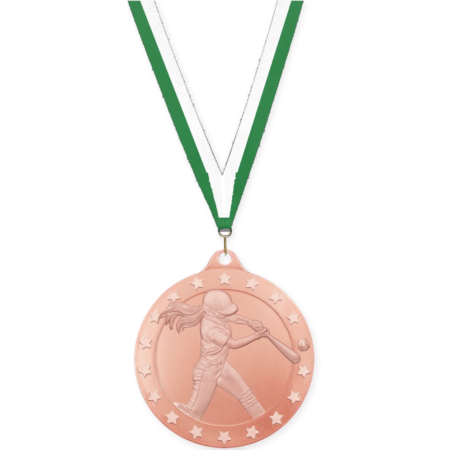 2 inch softball Radiance medal in bronze with Green White neck ribbon