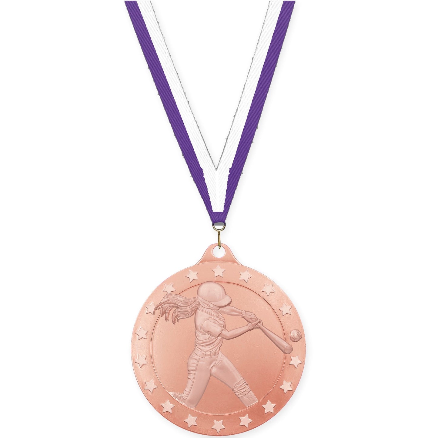 2 inch softball Radiance medal in bronze with Purple White neck ribbon