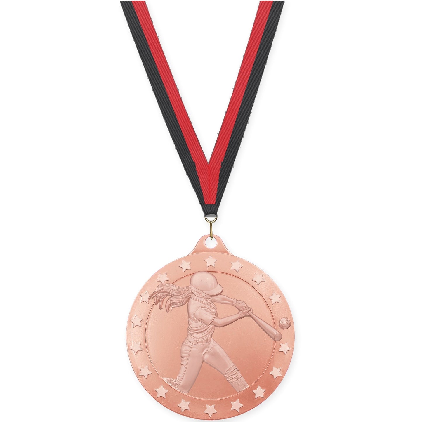 2 inch softball Radiance medal in bronze with Black Red neck ribbon