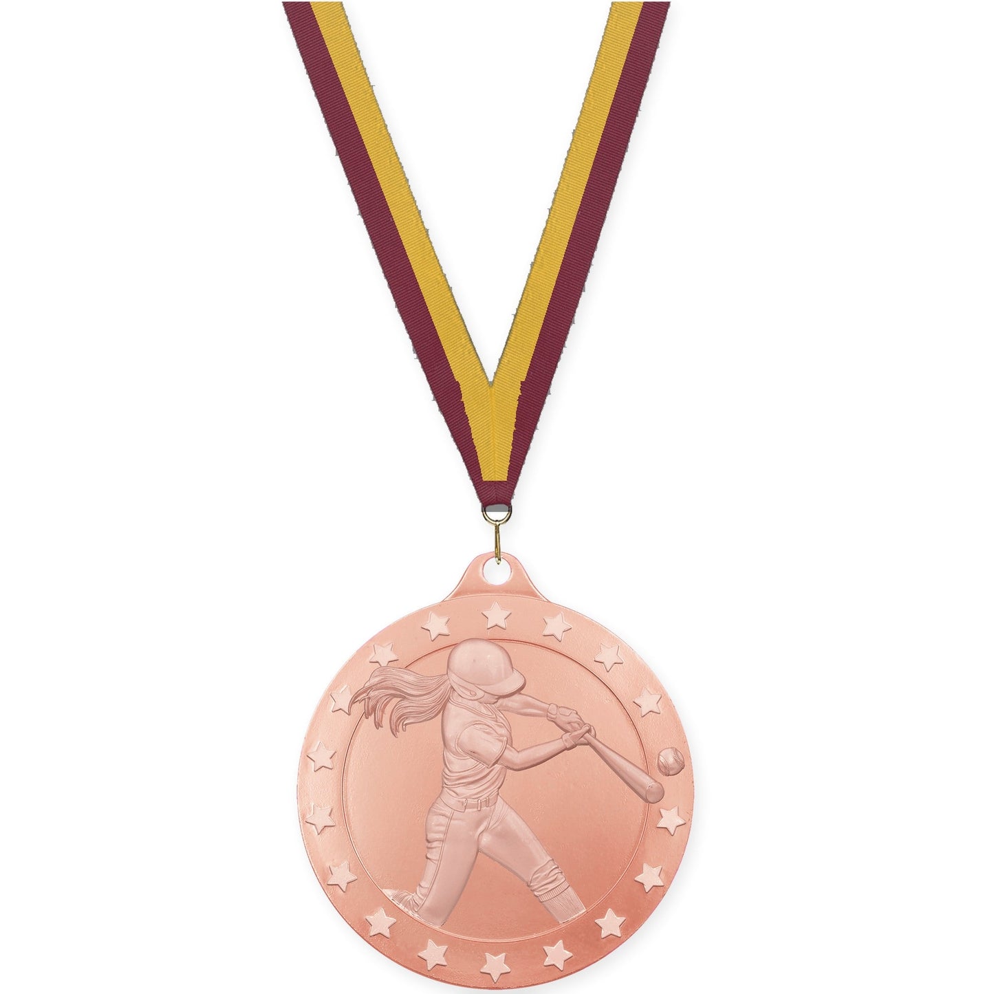 2 inch softball Radiance medal in bronze with Maroon Gold neck ribbon