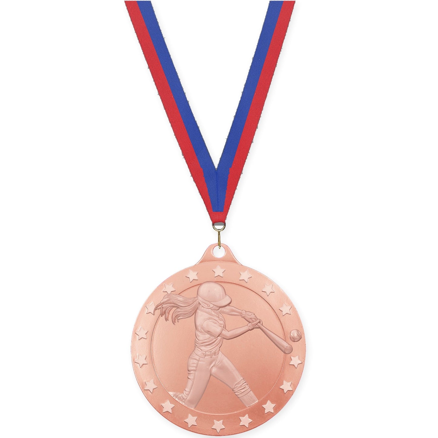 2 inch softball Radiance medal in bronze with Blue Red neck ribbon