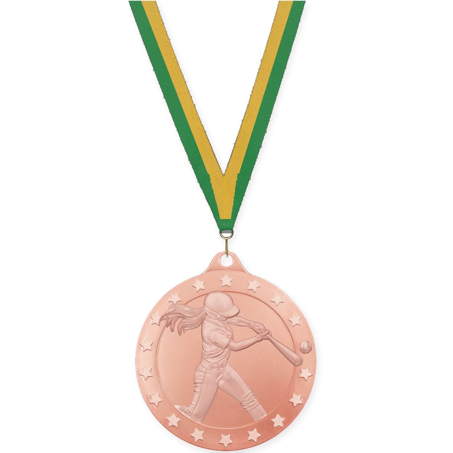 2 inch softball Radiance medal in bronze with Green Gold neck ribbon