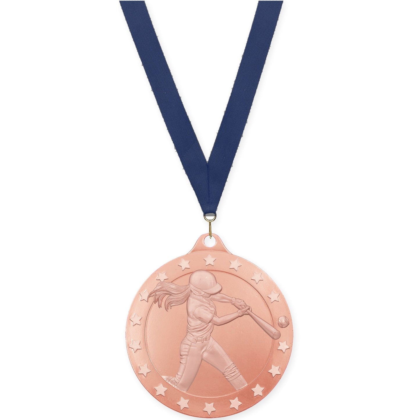 2 inch softball Radiance medal in bronze with Navy neck ribbon
