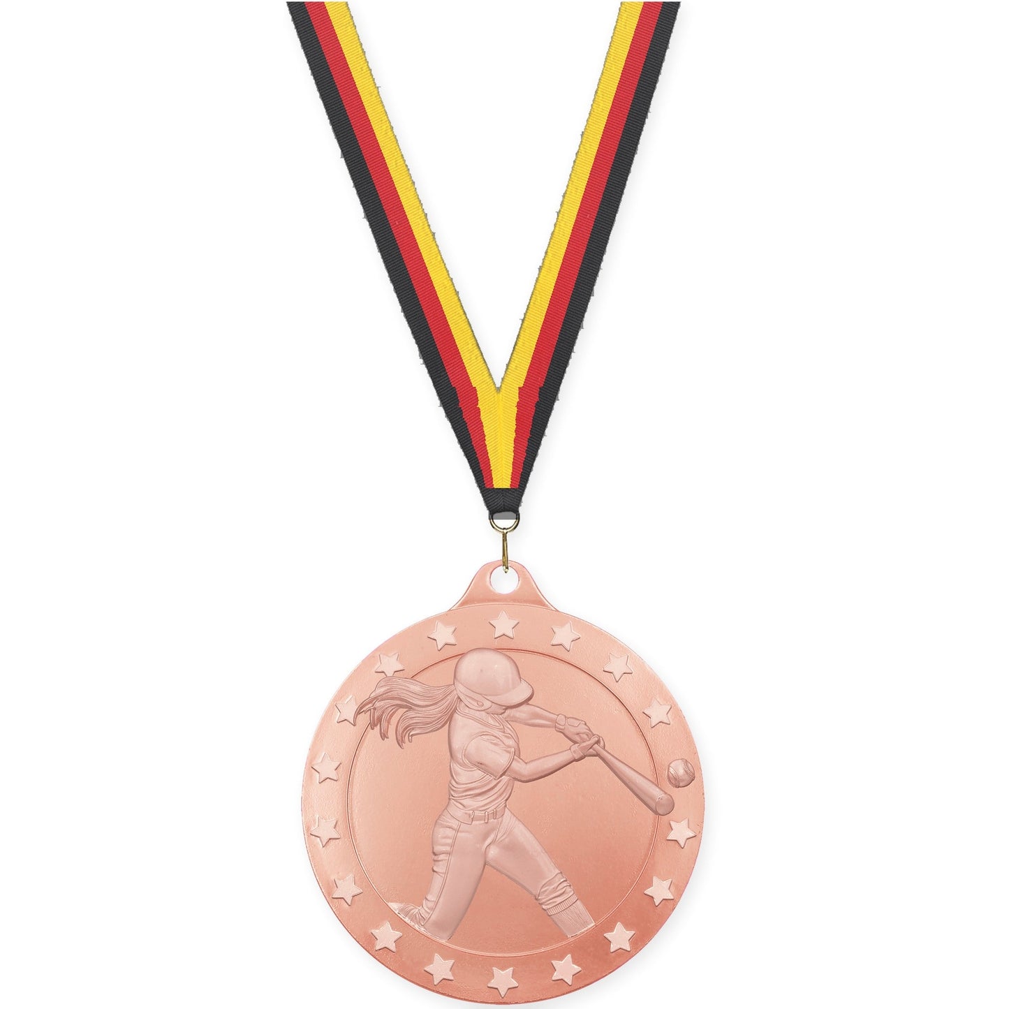 2 inch softball Radiance medal in bronze with Black Red Yellow neck ribbon