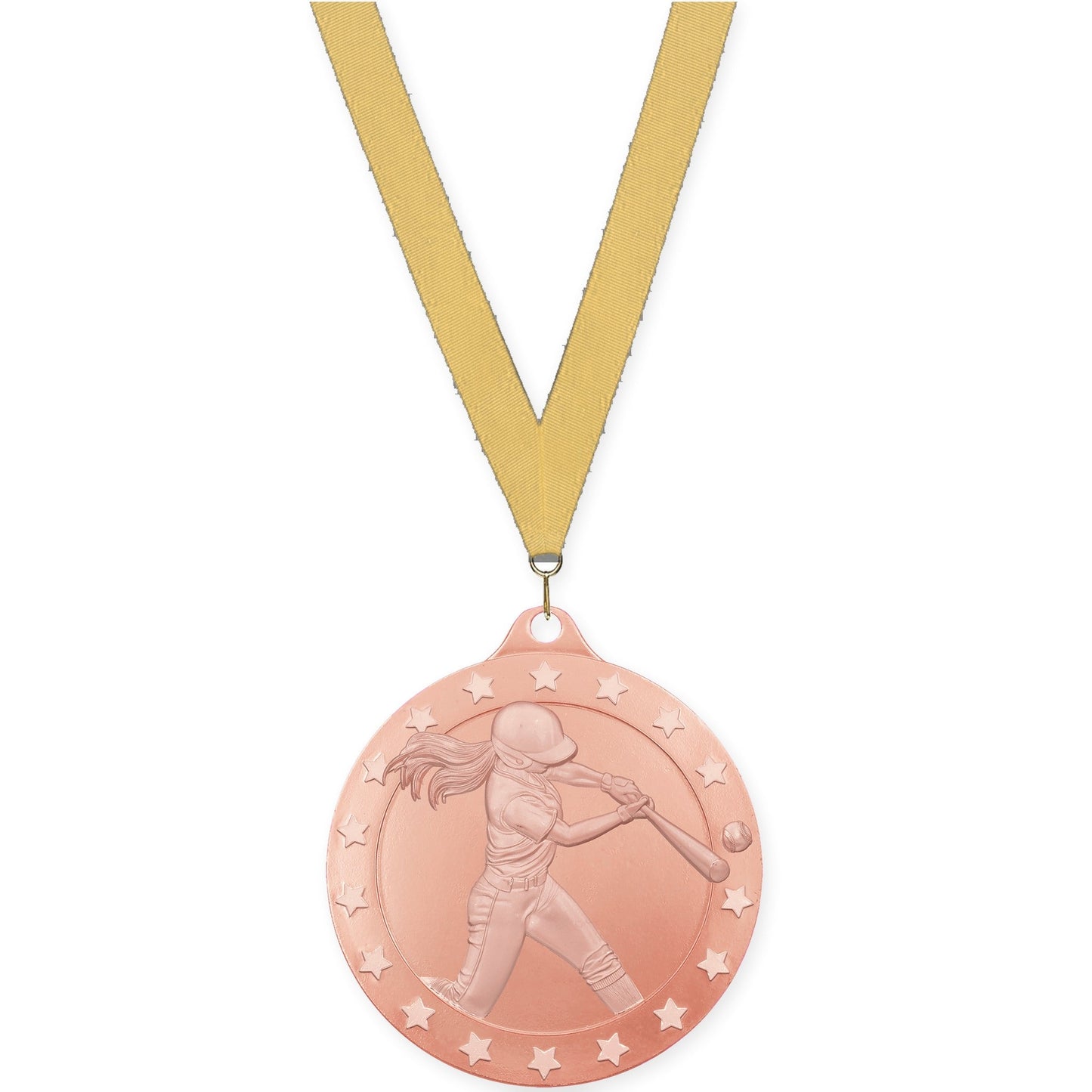 2 inch softball Radiance medal in bronze with Gold Metallic neck ribbon