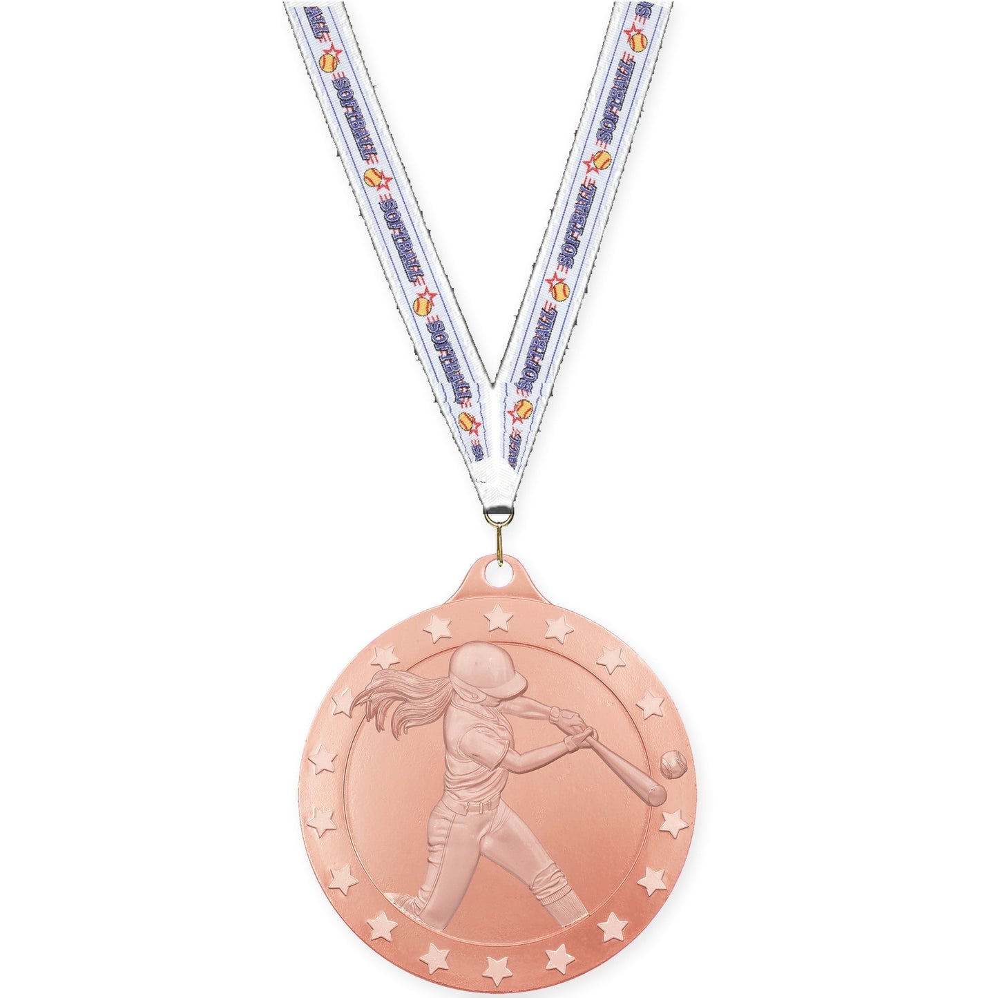 2 inch softball Radiance medal in bronze with Softball neck ribbon