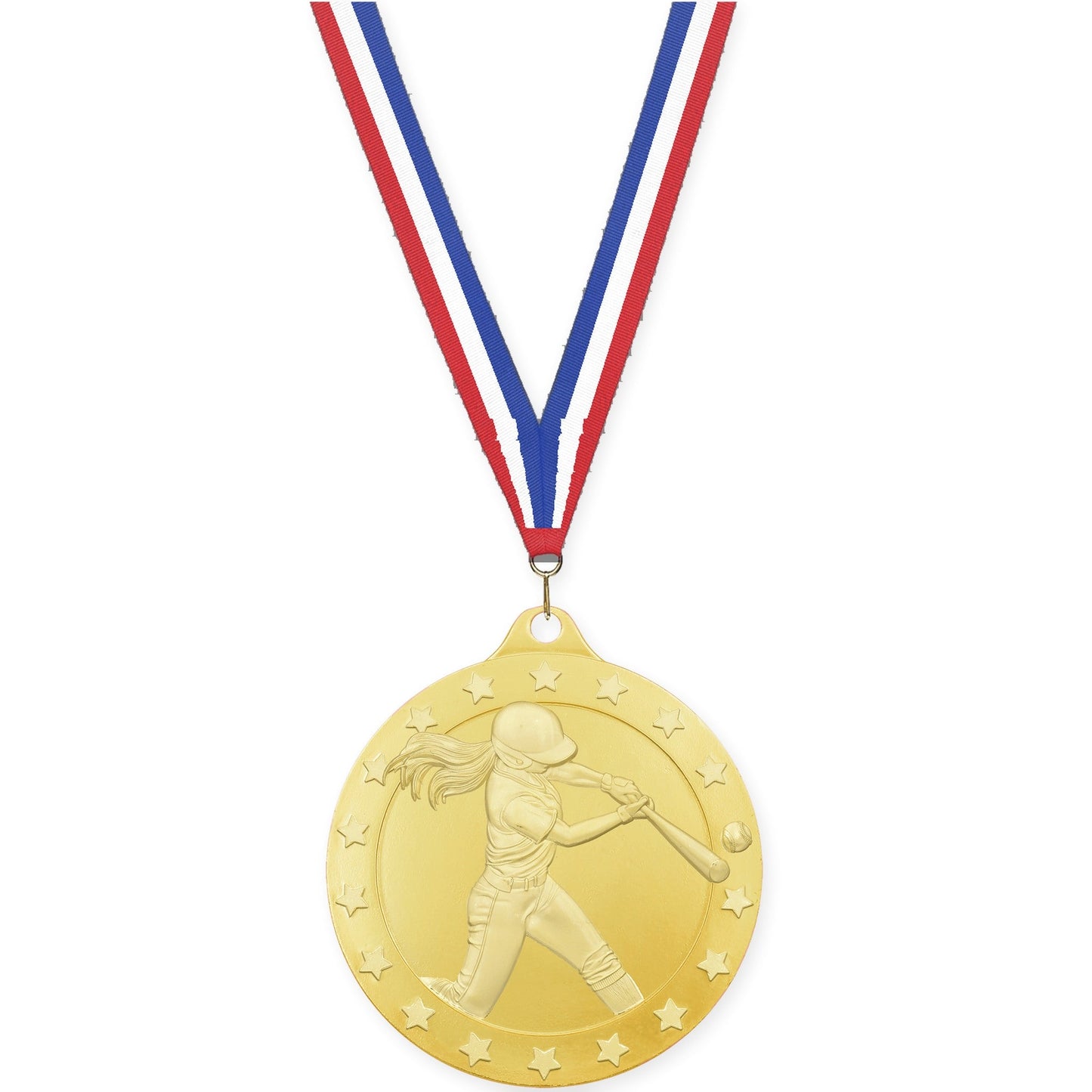2 inch softball Radiance medal in gold with Red White Blue neck ribbon