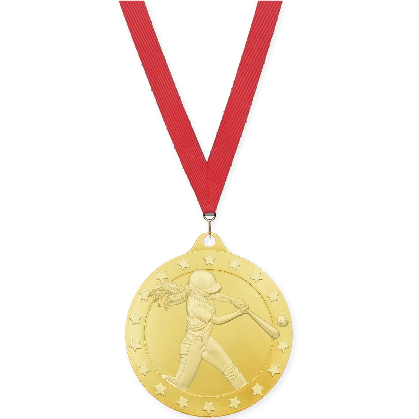 2 inch softball Radiance medal in gold with Red neck ribbon