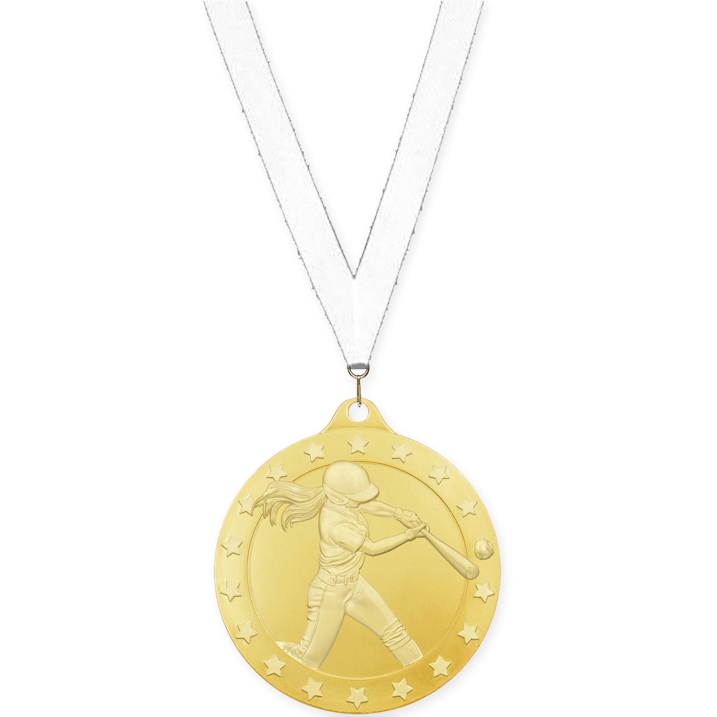2 inch softball Radiance medal in gold with White neck ribbon